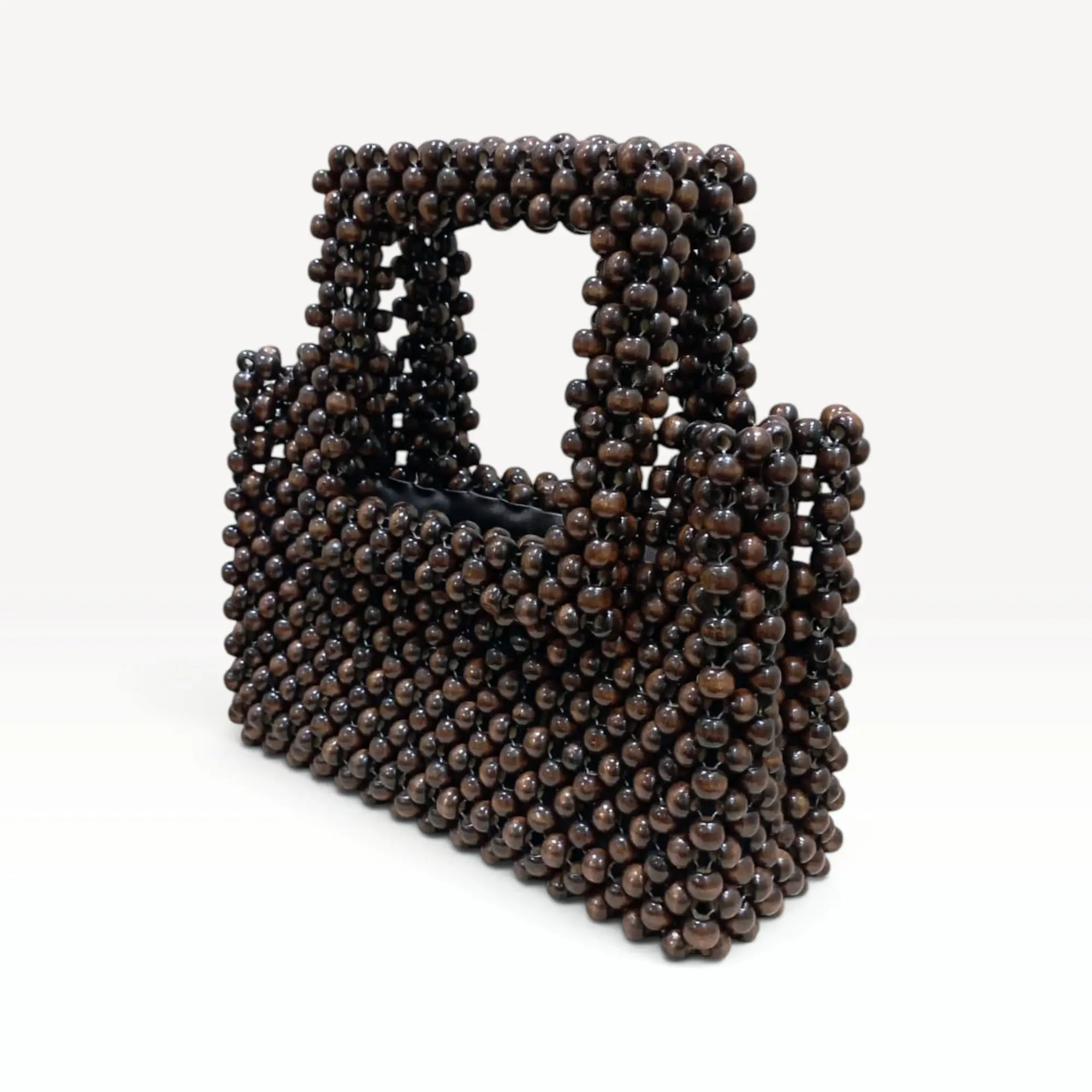 Lined Wooden Bead Handbag with Square Handles