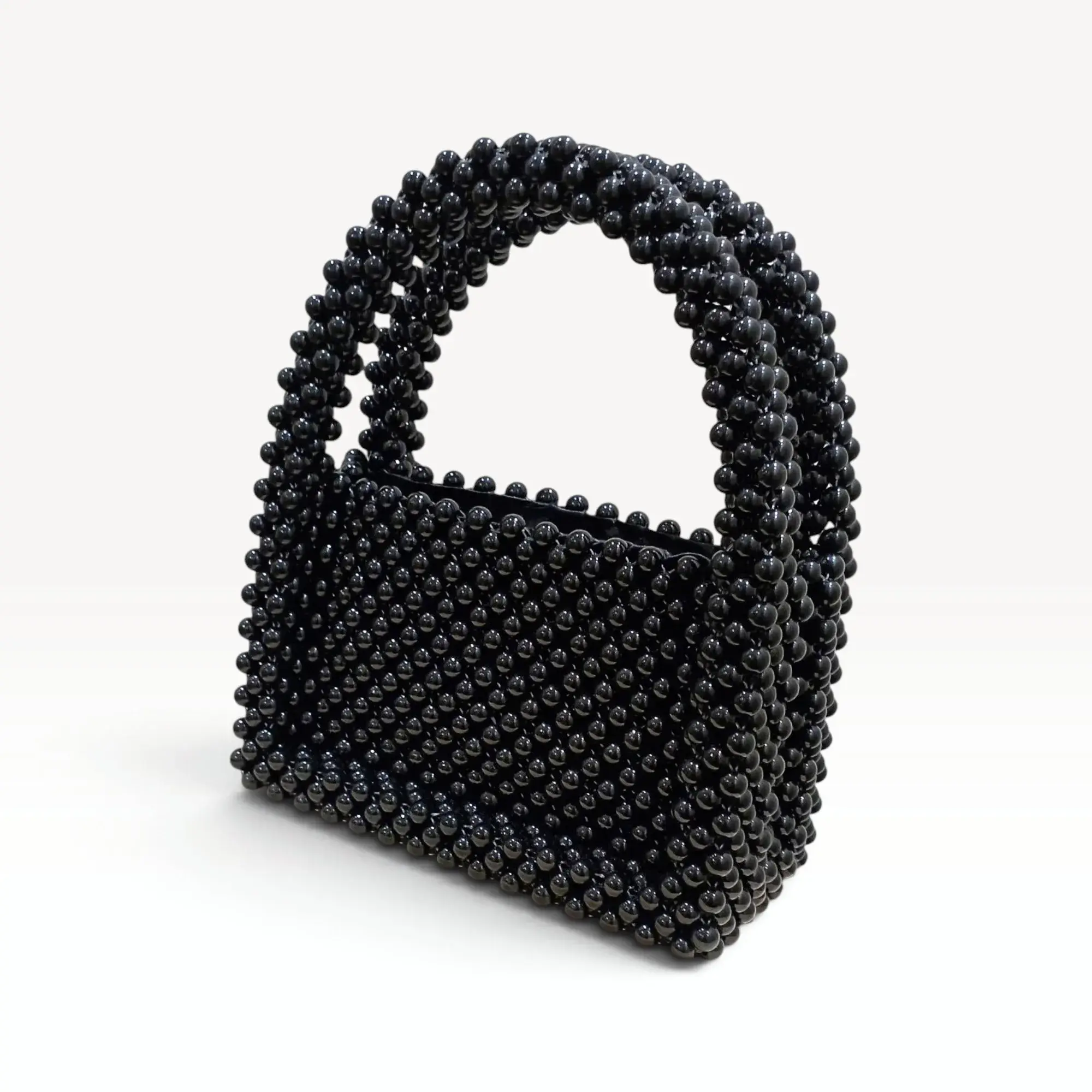 Lined Black Pearl Bead Top-Handle Bag