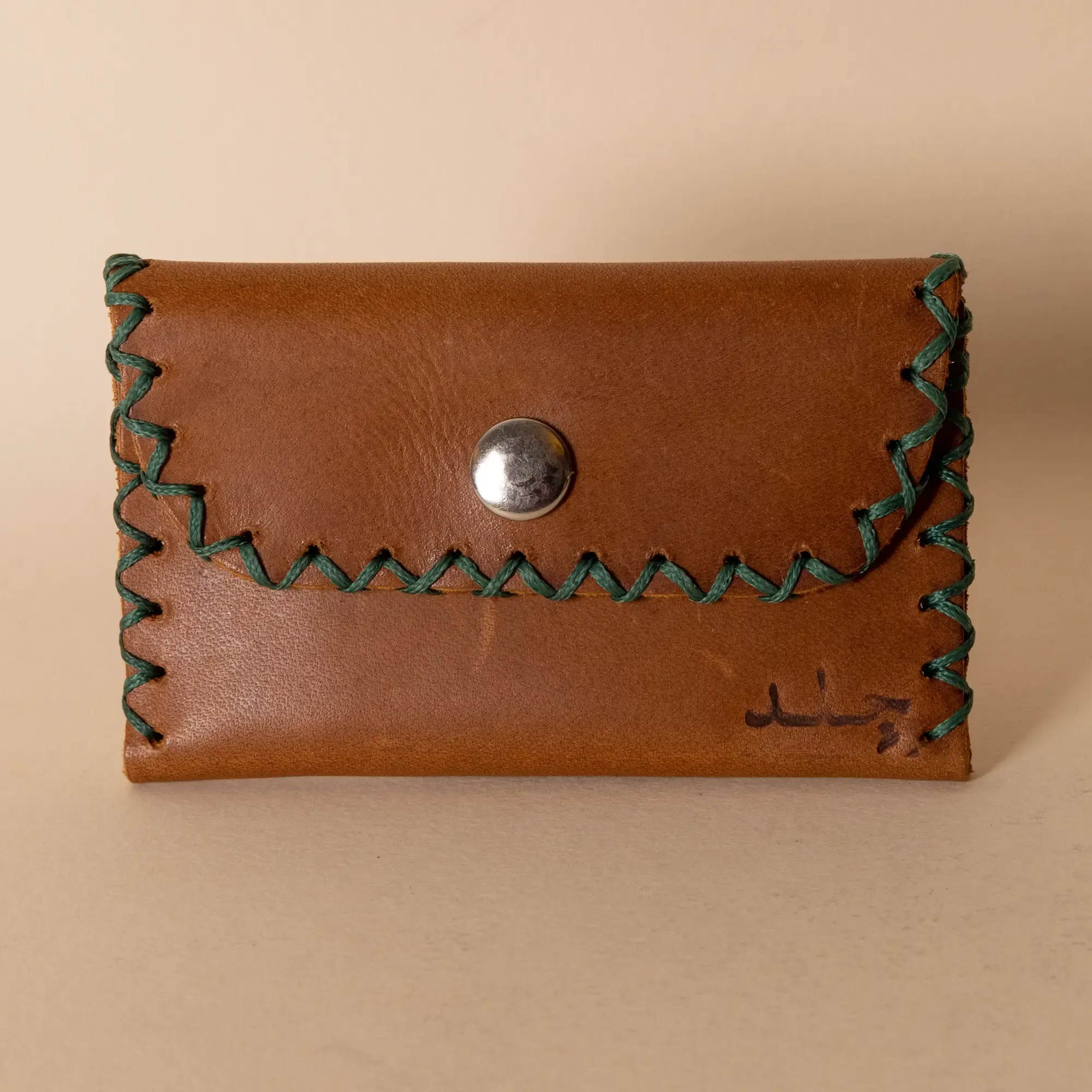 Compact Snap Leather Wallet – Tan with Green Stitching – 10.5x6.5x1 cm