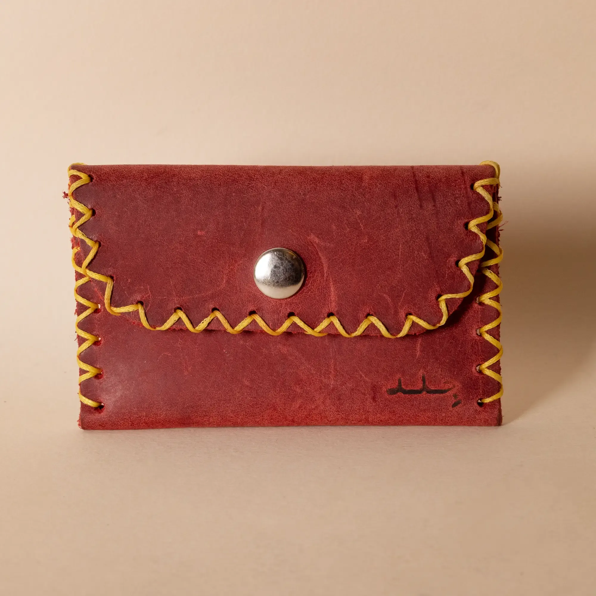 Compact Snap Leather Wallet – Red with Yellow Stitching – 10.5x6.5x1 cm