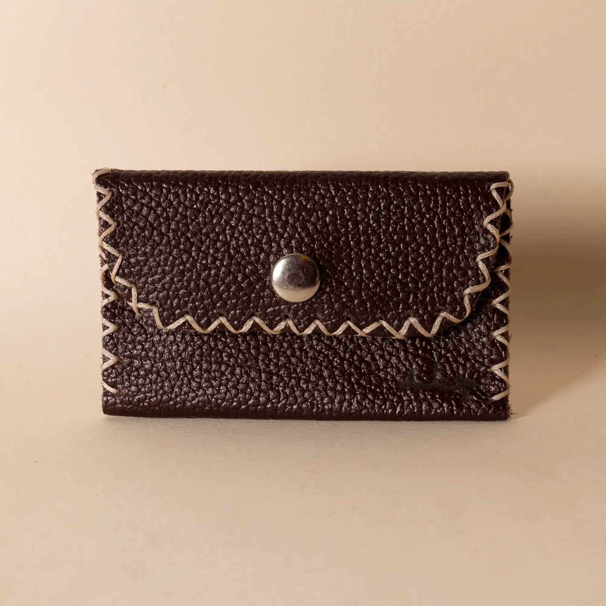 Compact Snap Leather Wallet – Dark Brown with Cream Stitching – 10.5x6.5x1 cm