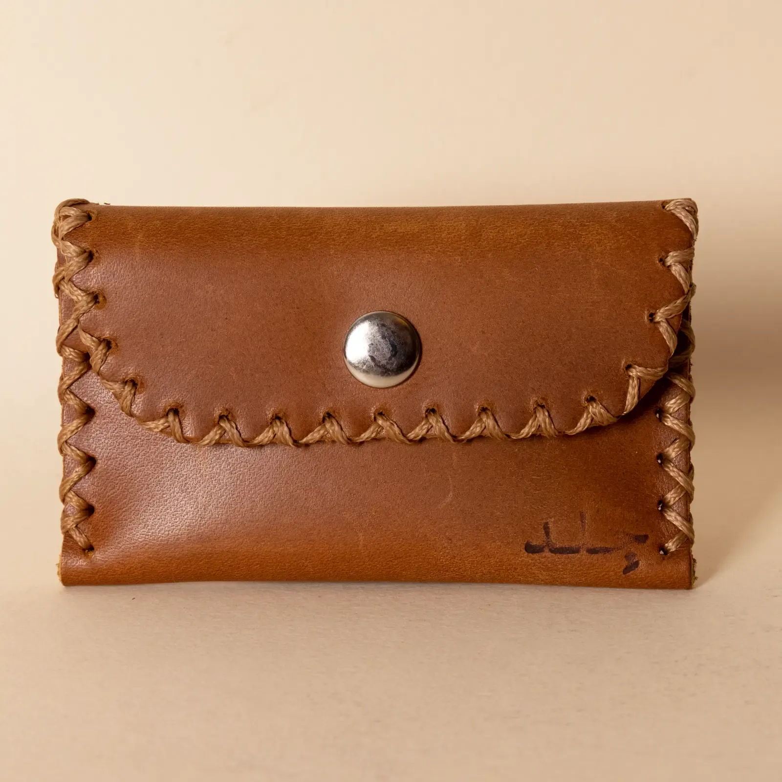 Compact Snap Leather Wallet – Camel with Brown Stitching – 10.5x6.5x1 cm