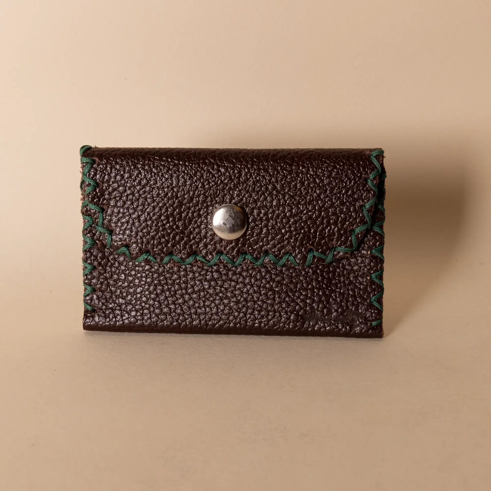 Compact Snap Leather Wallet – Dark Brown with Green Stitching – 10.5x6.5x1 cm