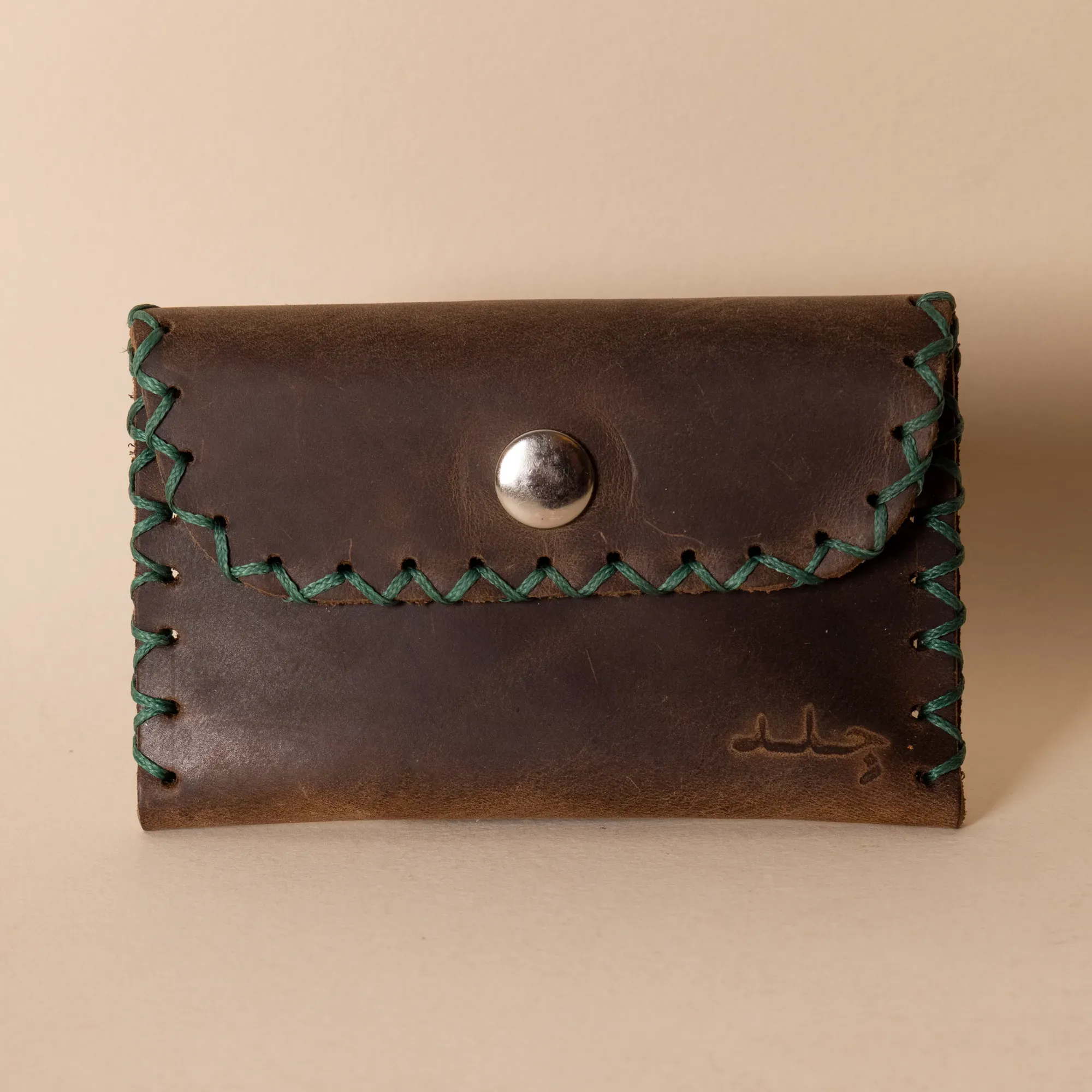 Compact Snap Leather Wallet – Distressed Brown & Green Stitch – 10.5x6.5x1 cm