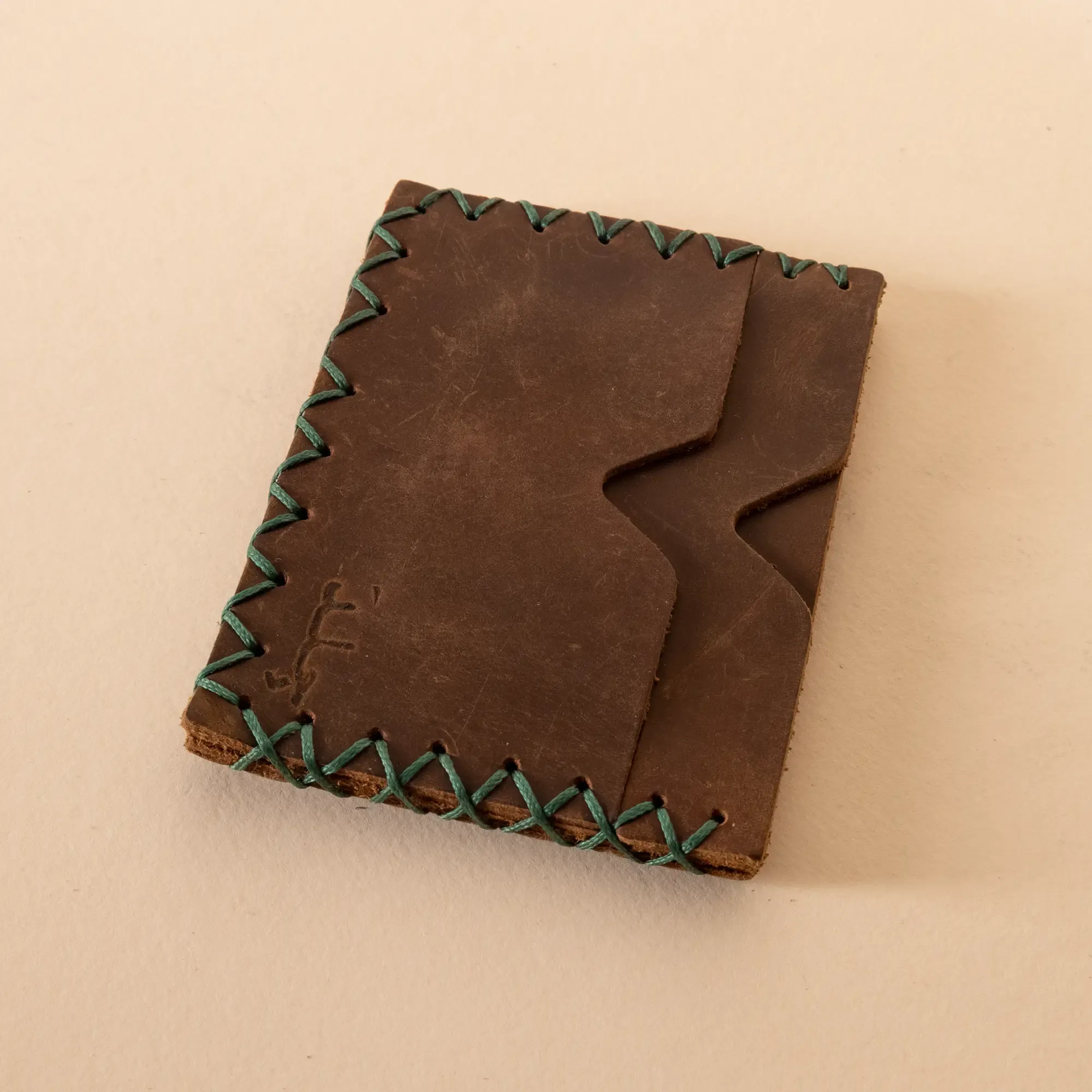 Two-Pocket Leather Card Holder – Brown with Green Stitching – 11x6.5x0.8 cm