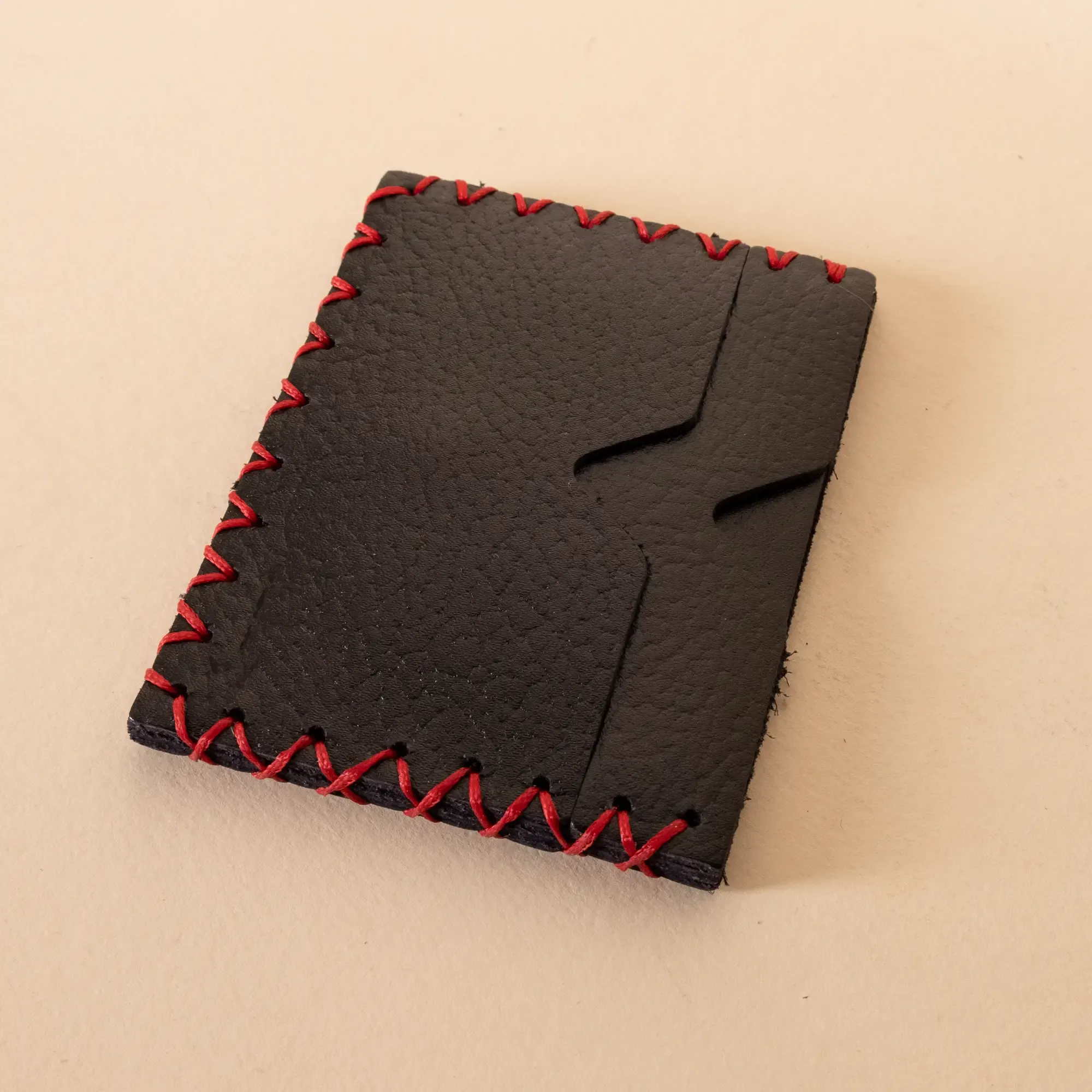 Two-Pocket Leather Card Holder – Black with Red Stitching – 11x6.5x0.8 cm
