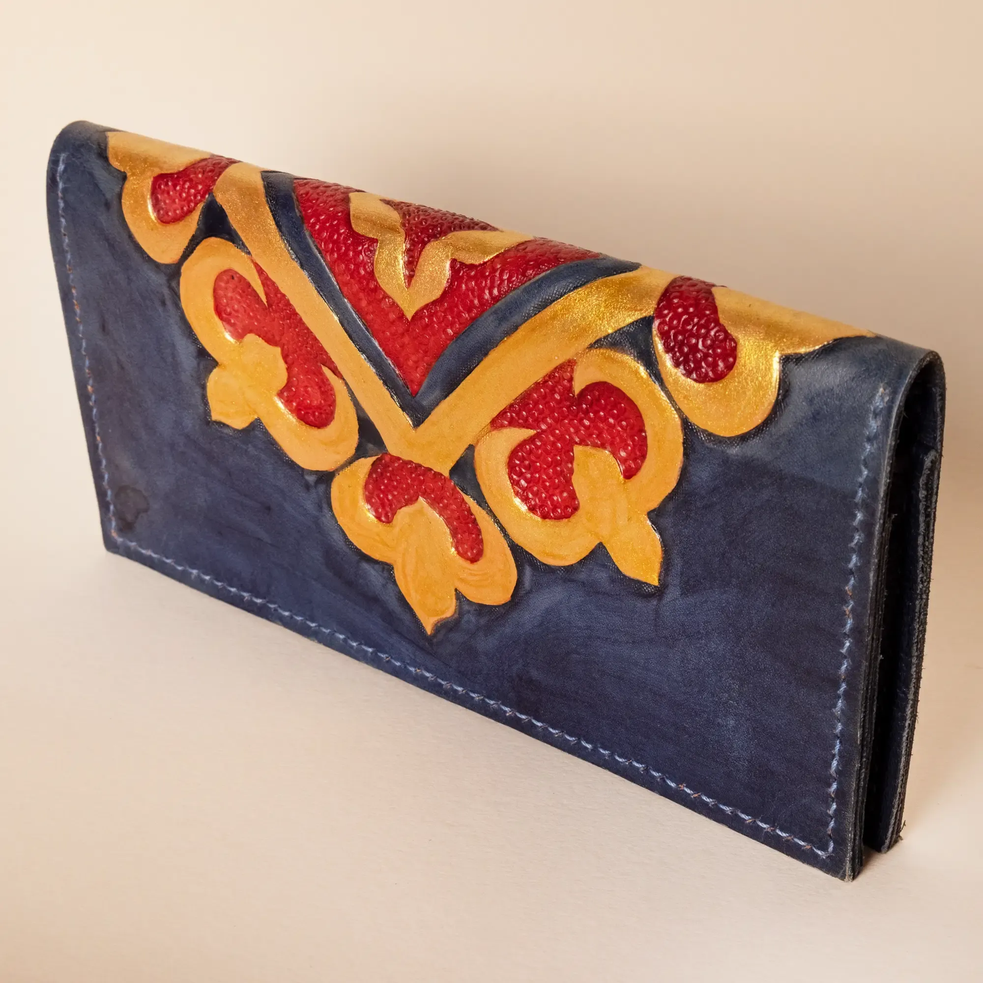 Embroidered Faux Leather Clutch – Navy & Red and Yellow Tatreez – 21x13x2.5 cm