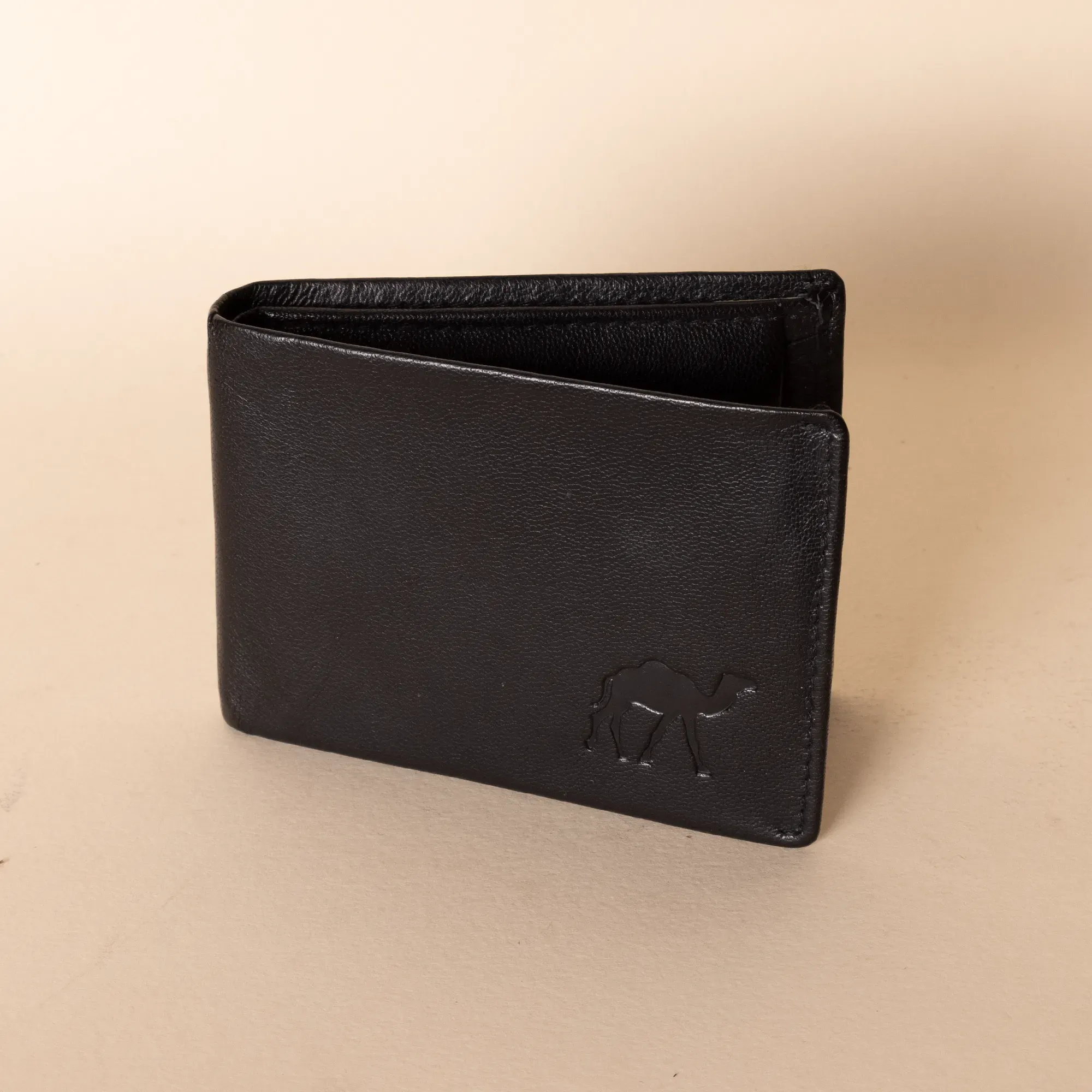 Men's Leather Coin-Pocket Bifold – Black Camel Embossed Bifold – 10x7x1 cm