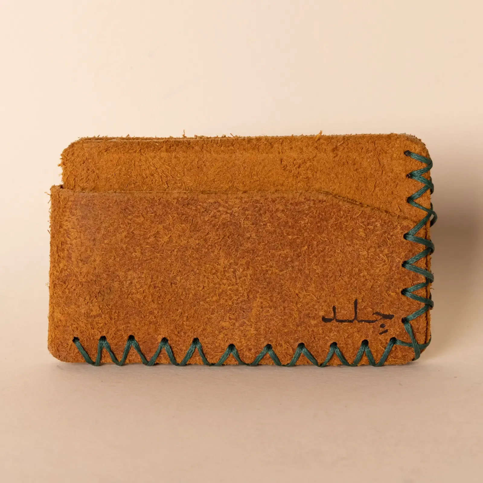Three-Pocket Leather Card Holder – Mustard with Green Stitching – 10.5x8x1 cm
