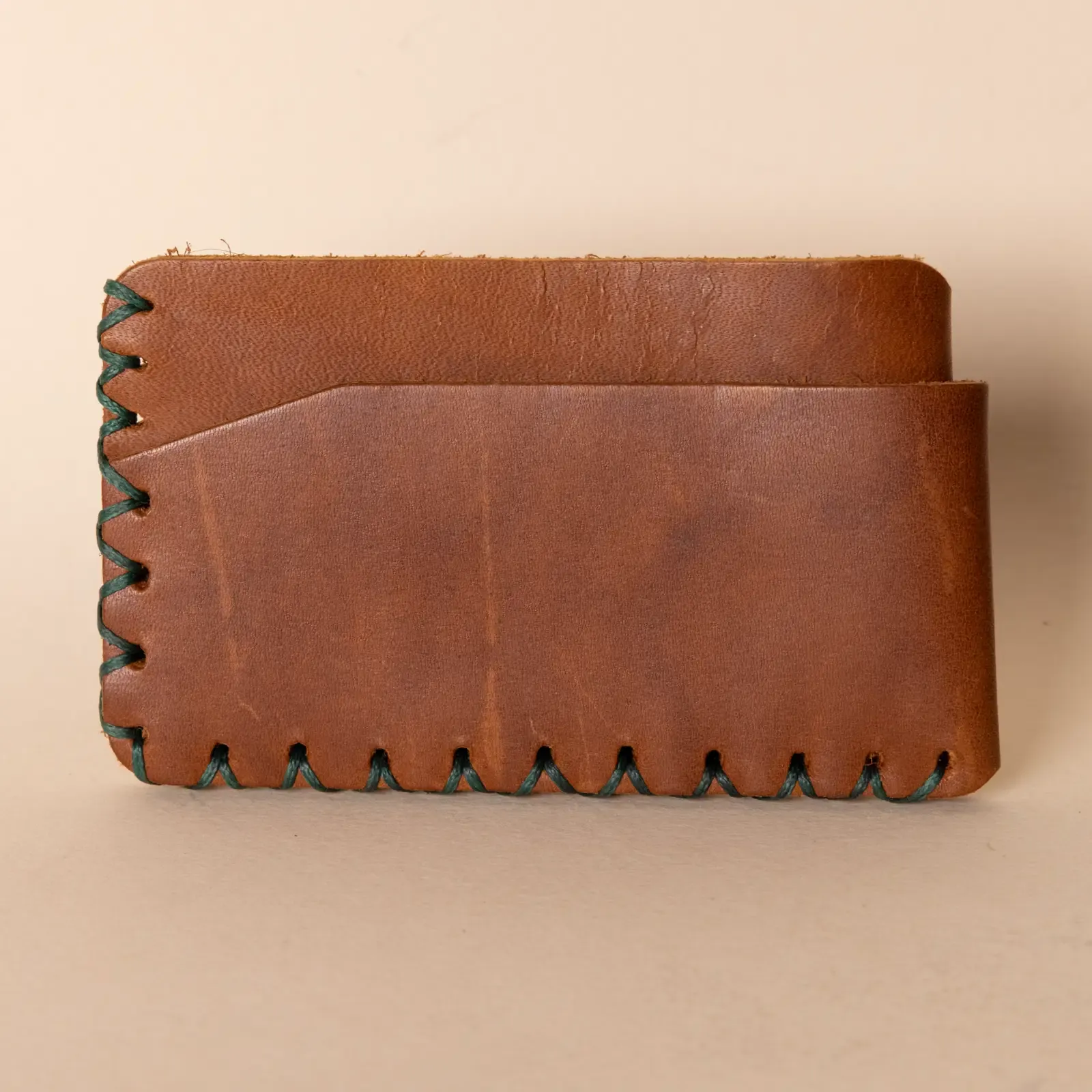 Three-Pocket Leather Card Holder – Tan with Green Stitching – 10.5x8x1 cm
