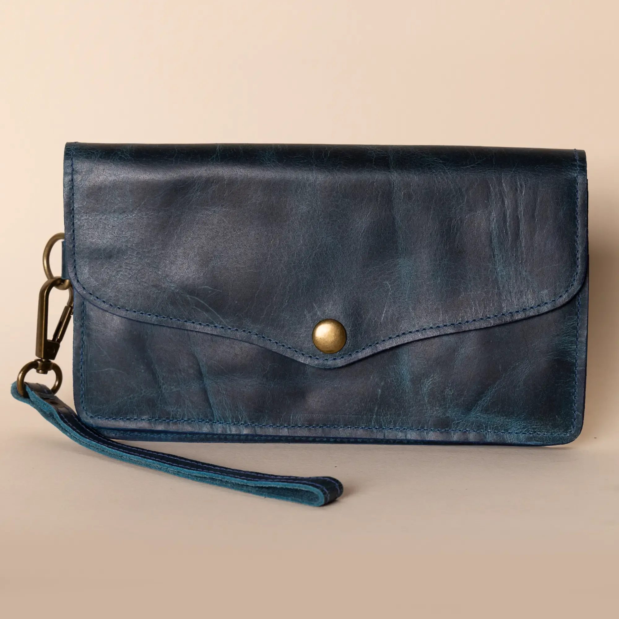 Leather Envelope Wallet with Wrist Strap – Navy Envelope – 19x10x1 cm