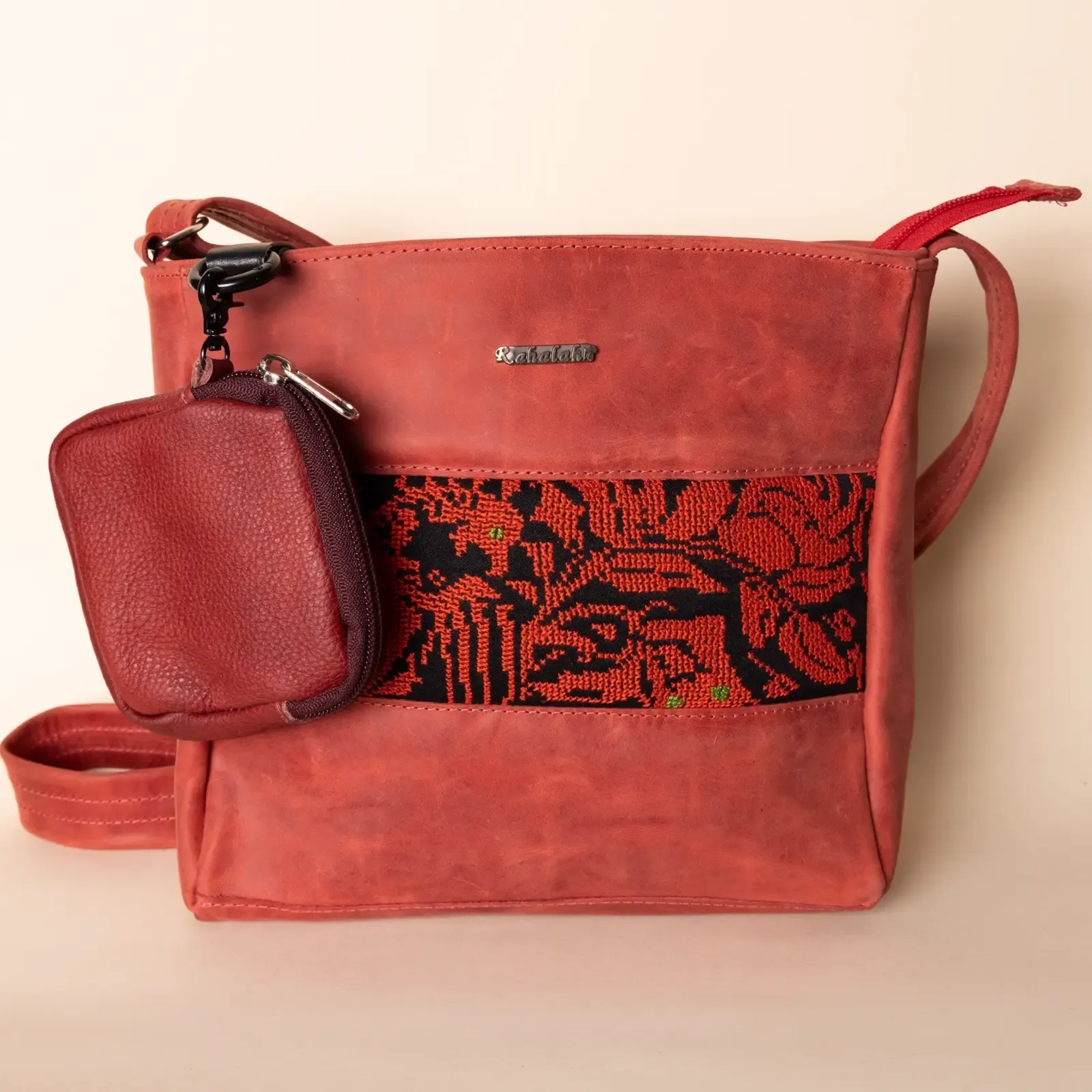 Leather Heritage Textile Crossbody Bag – Red Textile Panel – 20x23x8 cm