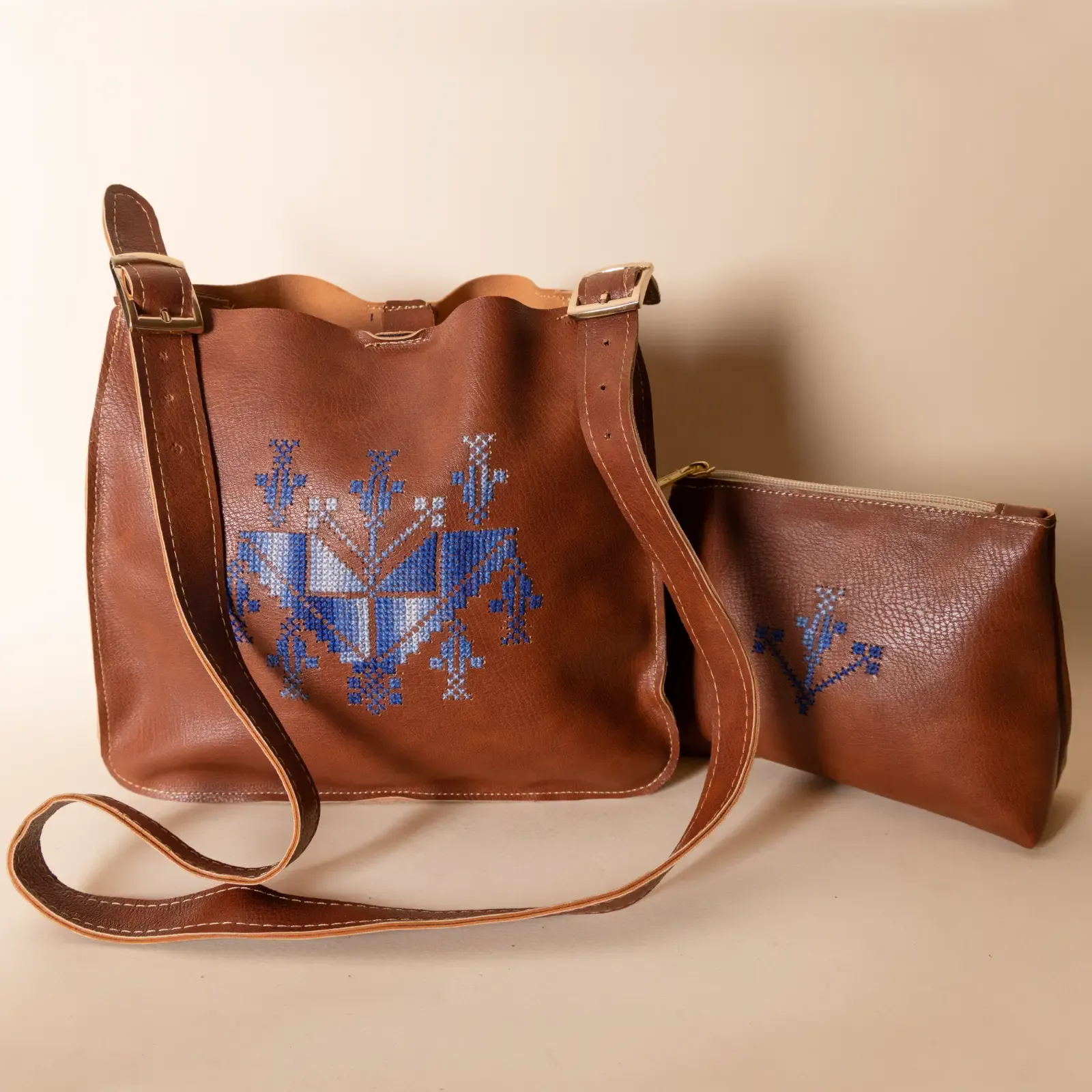 Embroidered Bag & Makeup Pouch Set – Brown & Blue Tatreez 2-Piece – 26x23x6 cm