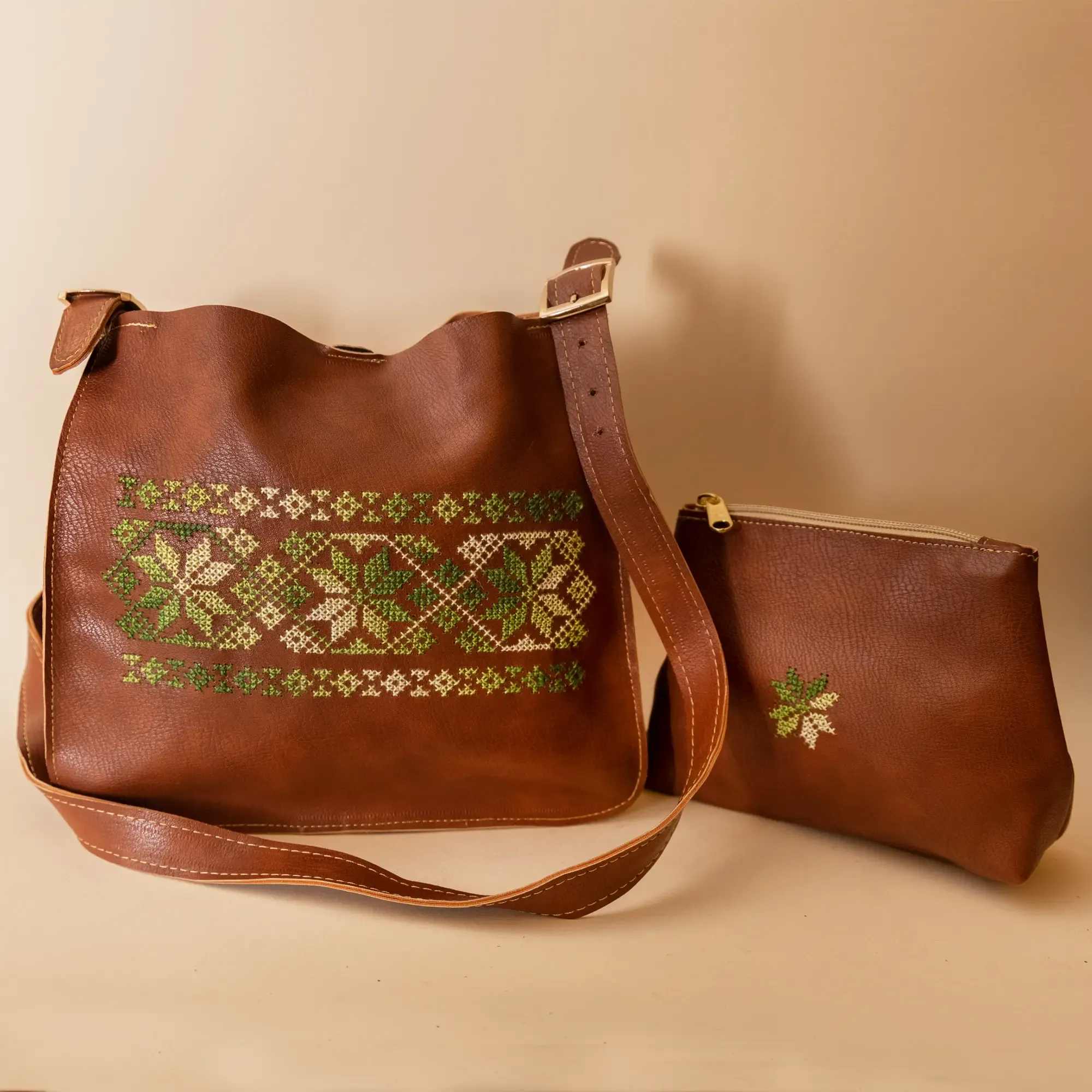 Embroidered Bag & Pouch Set – Brown & Green Tatreez 2-Piece – 26x23x6 cm