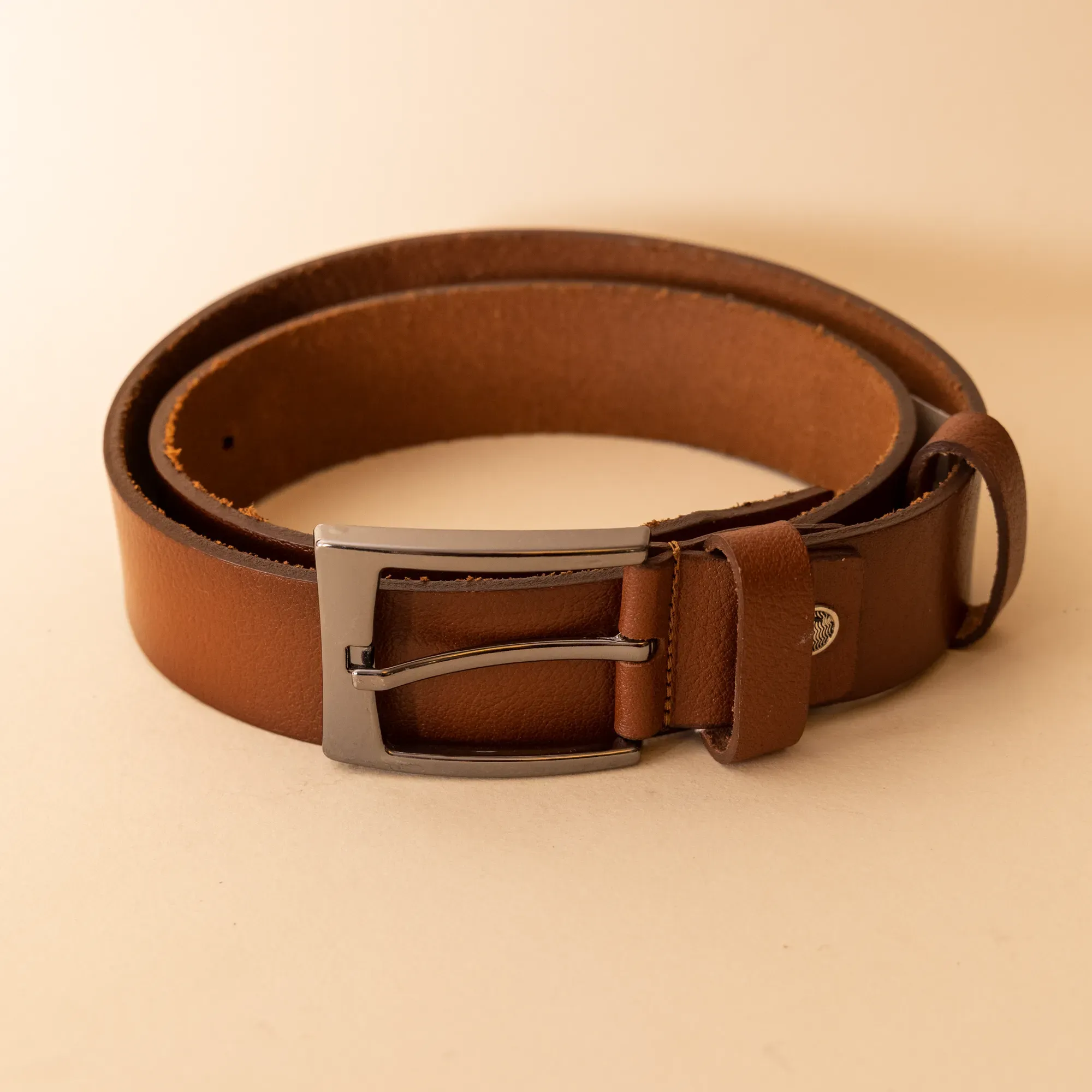 Unisex Leather Belt – Tan with Silver Buckle (Available In Sizes)