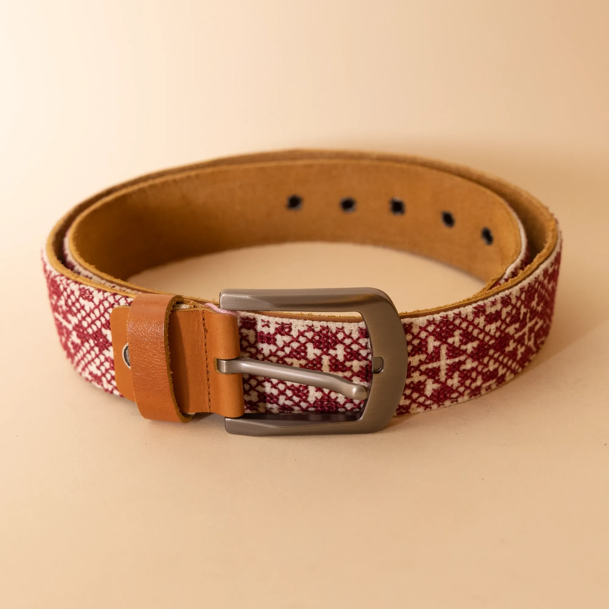 Embroidered Leather Belt – Tan with Red Tatreez – 100x3.5 cm