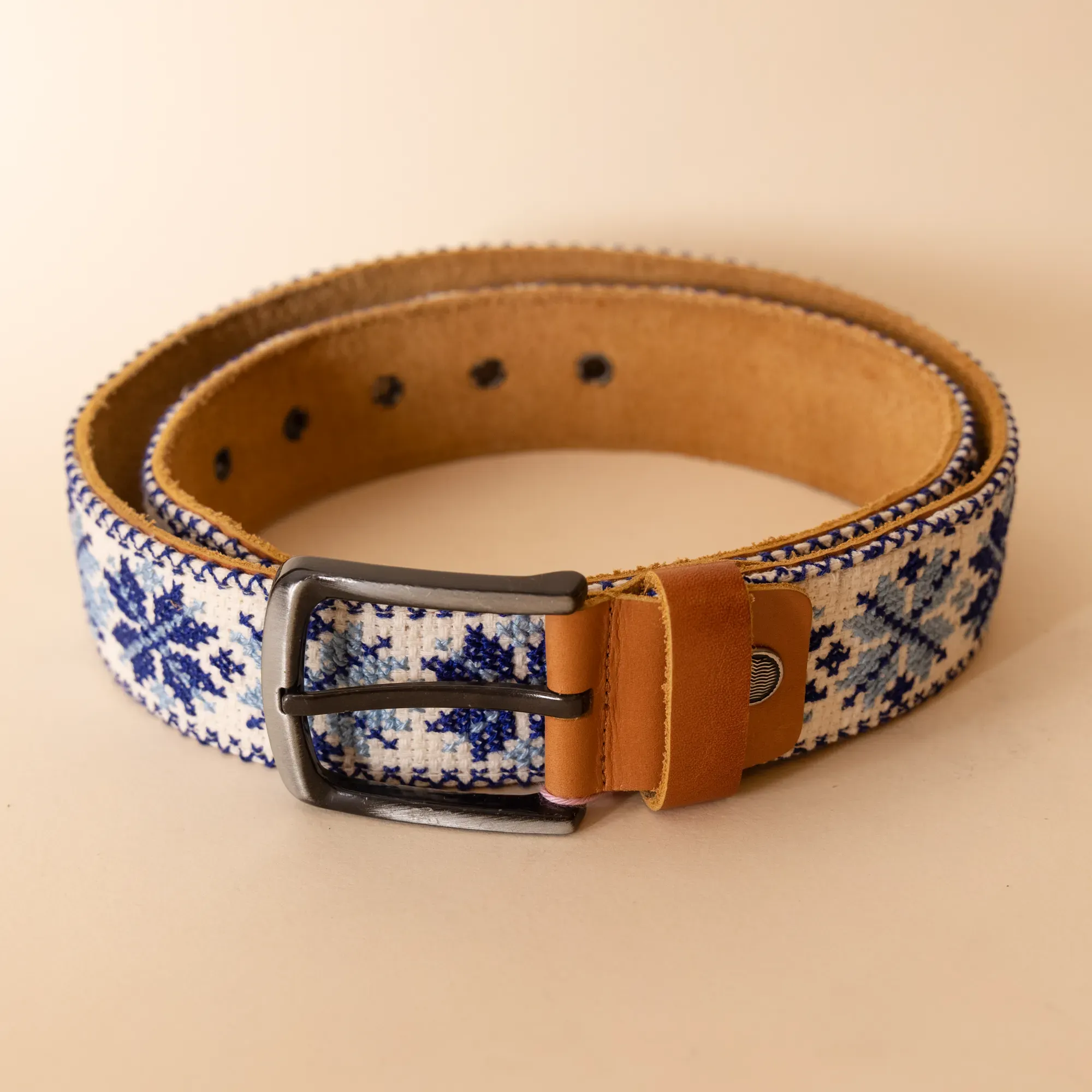 Embroidered Leather Belt – Tan with Blue Tatreez – 100x3.5 cm
