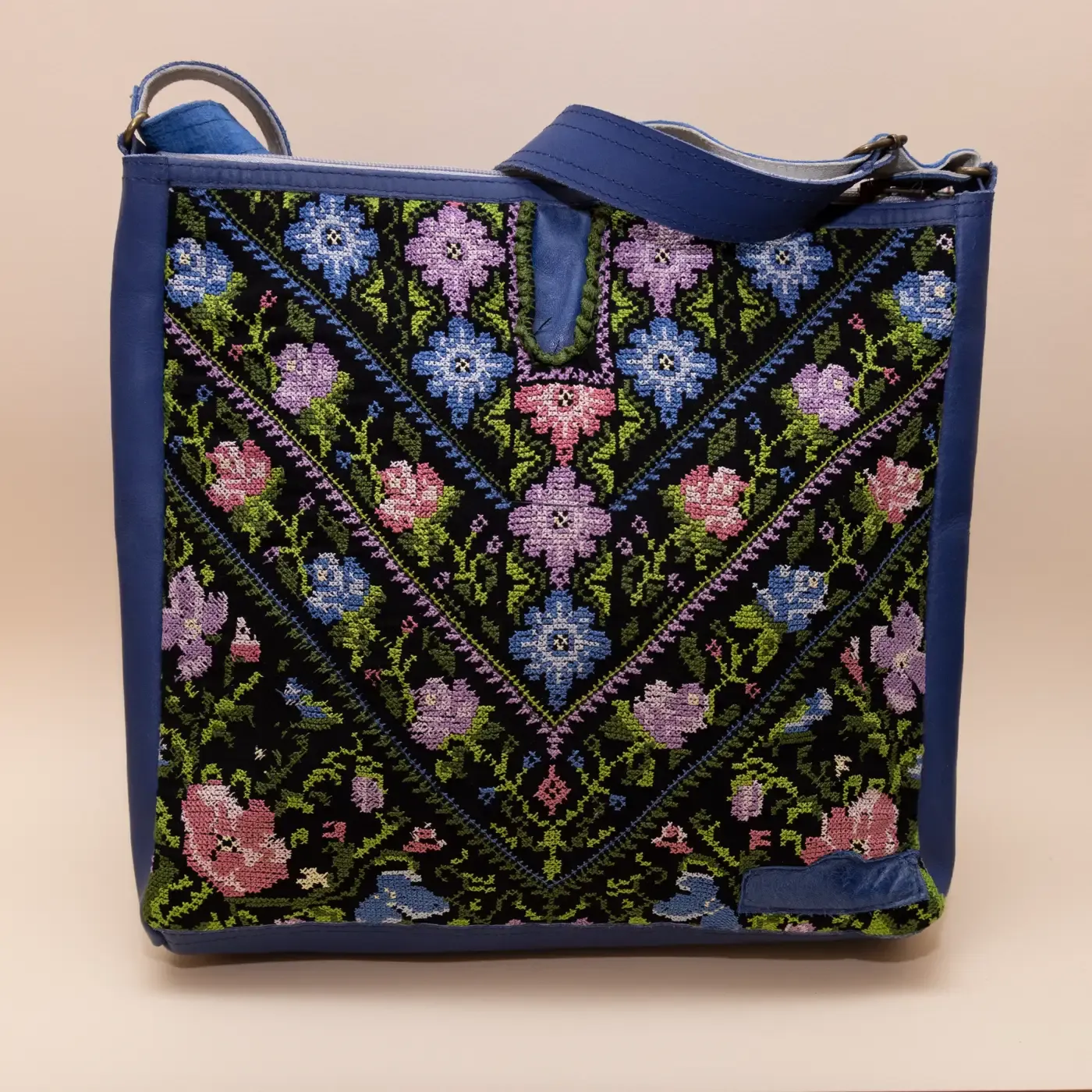 Leather Heritage Bag with Coin Purse – Blue Floral Panel – 30x32x10 cm