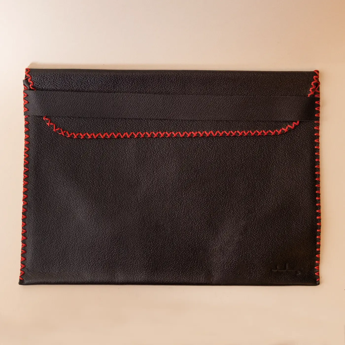 Padded Embroidered iPad Sleeve – Black with Red Hand Stitching – 31x21x2 cm