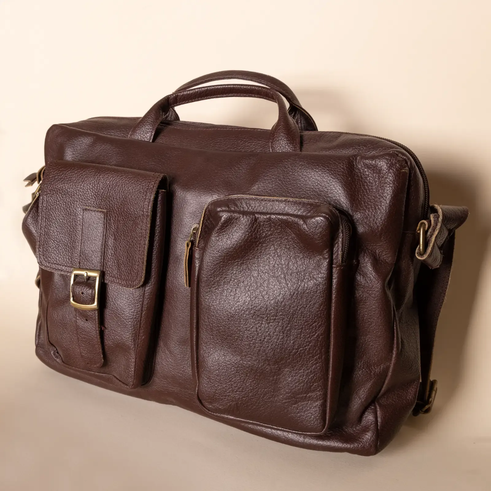 Padded Leather Laptop Bag – Dark Brown Multi-Pocket – 27x45x5 cm