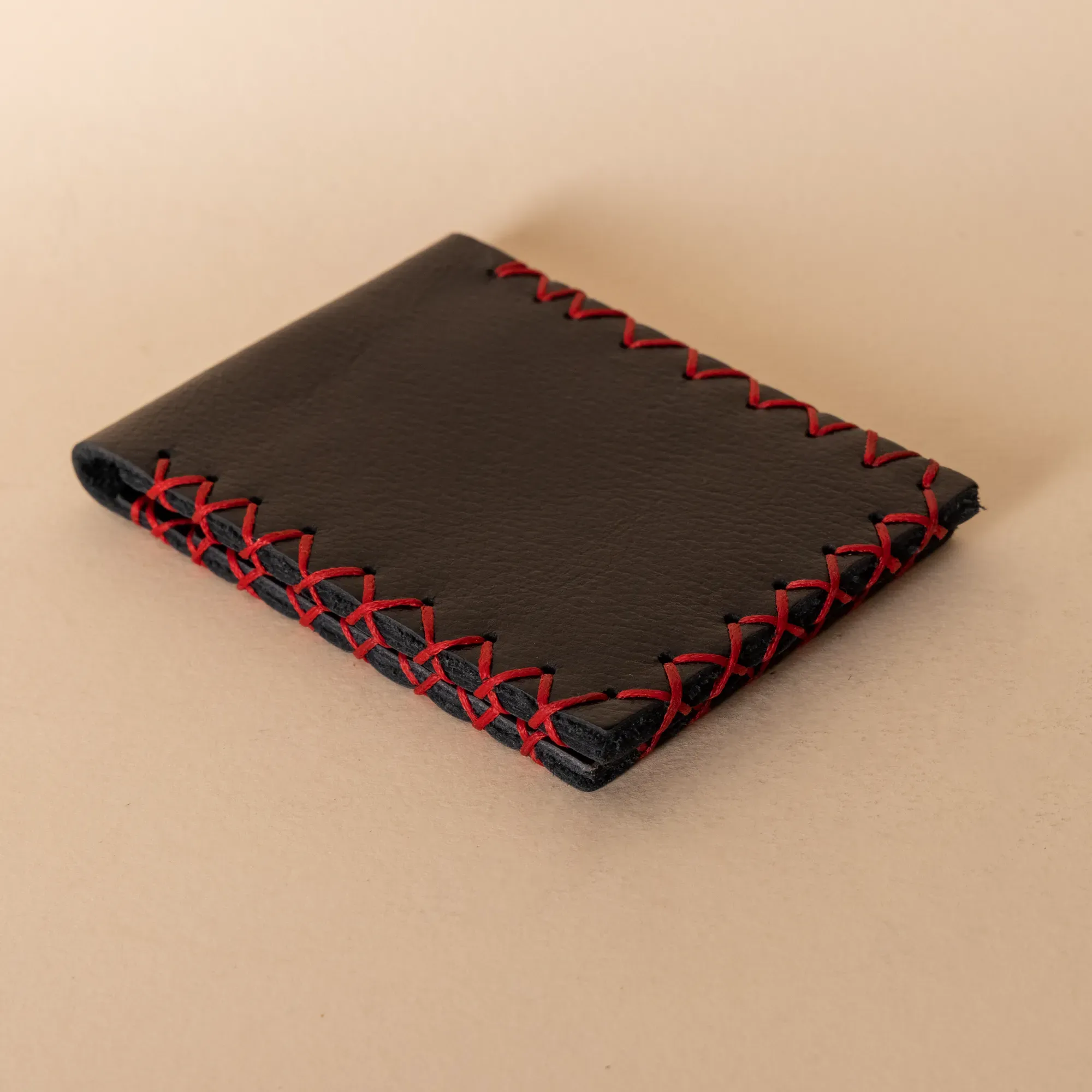 Two-Panel Leather Wallet – Black with Red Stitching – 7.5x22x0.7 cm