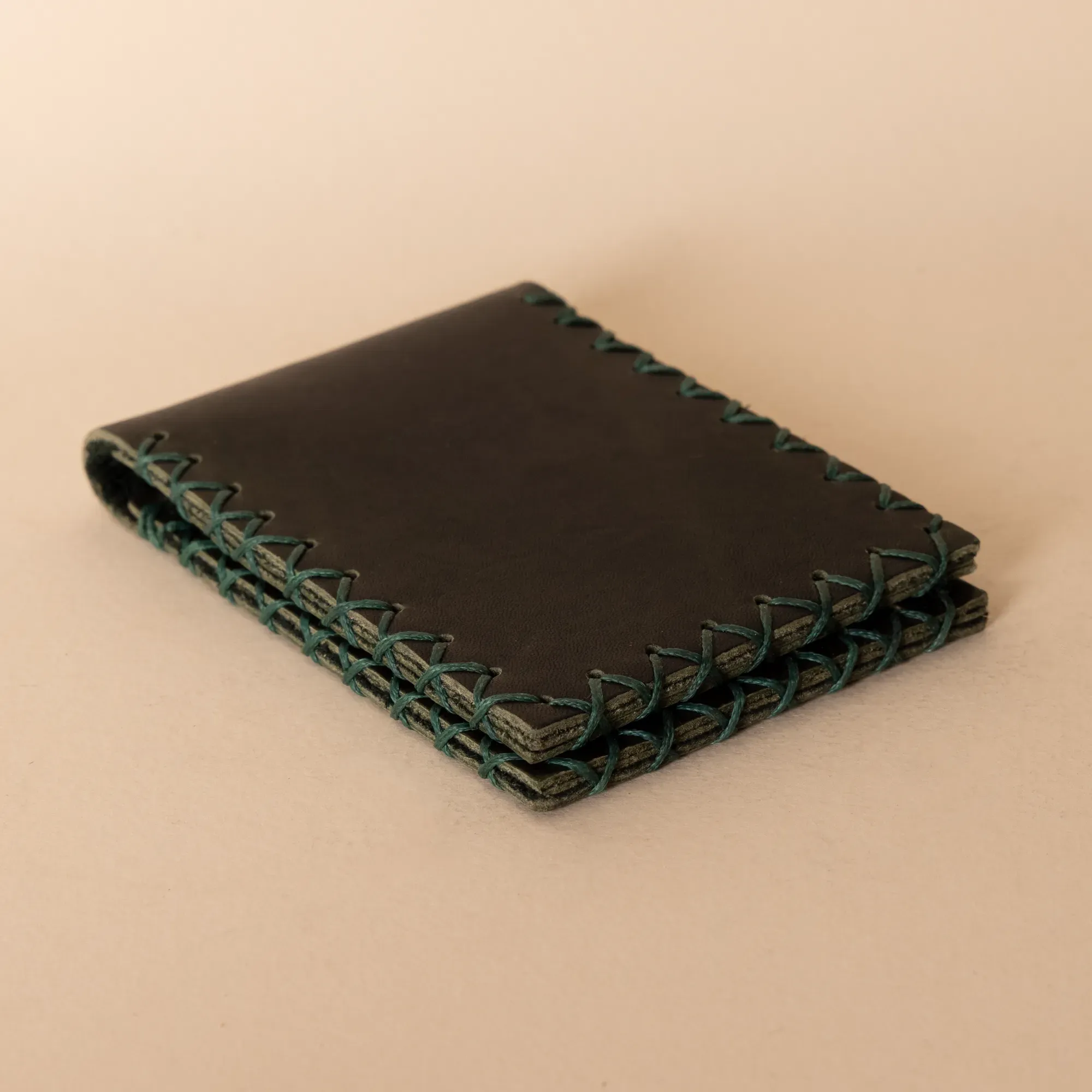 Two-Panel Leather Wallet – Black with Turquoise Stitching – 7.5x22x0.7 cm