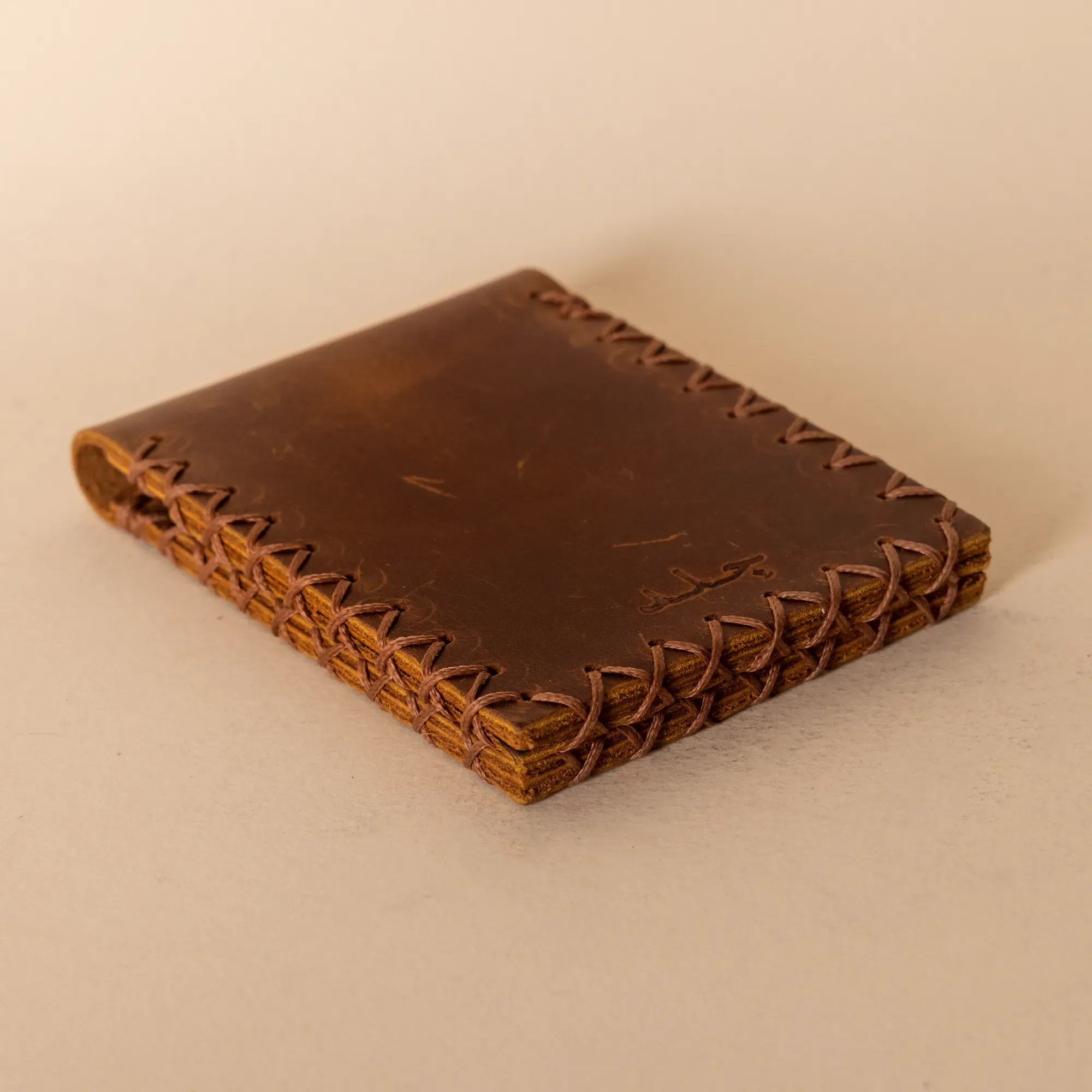 Two-Panel Leather Wallet – Medium Brown with Beige Stitching – 7.5x22x0.7 cm