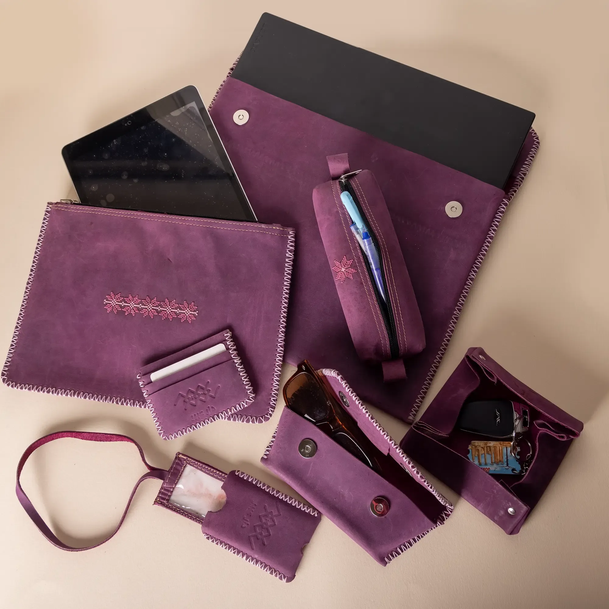 Purple Embroidered Leather Organizer Set – 7 Pieces