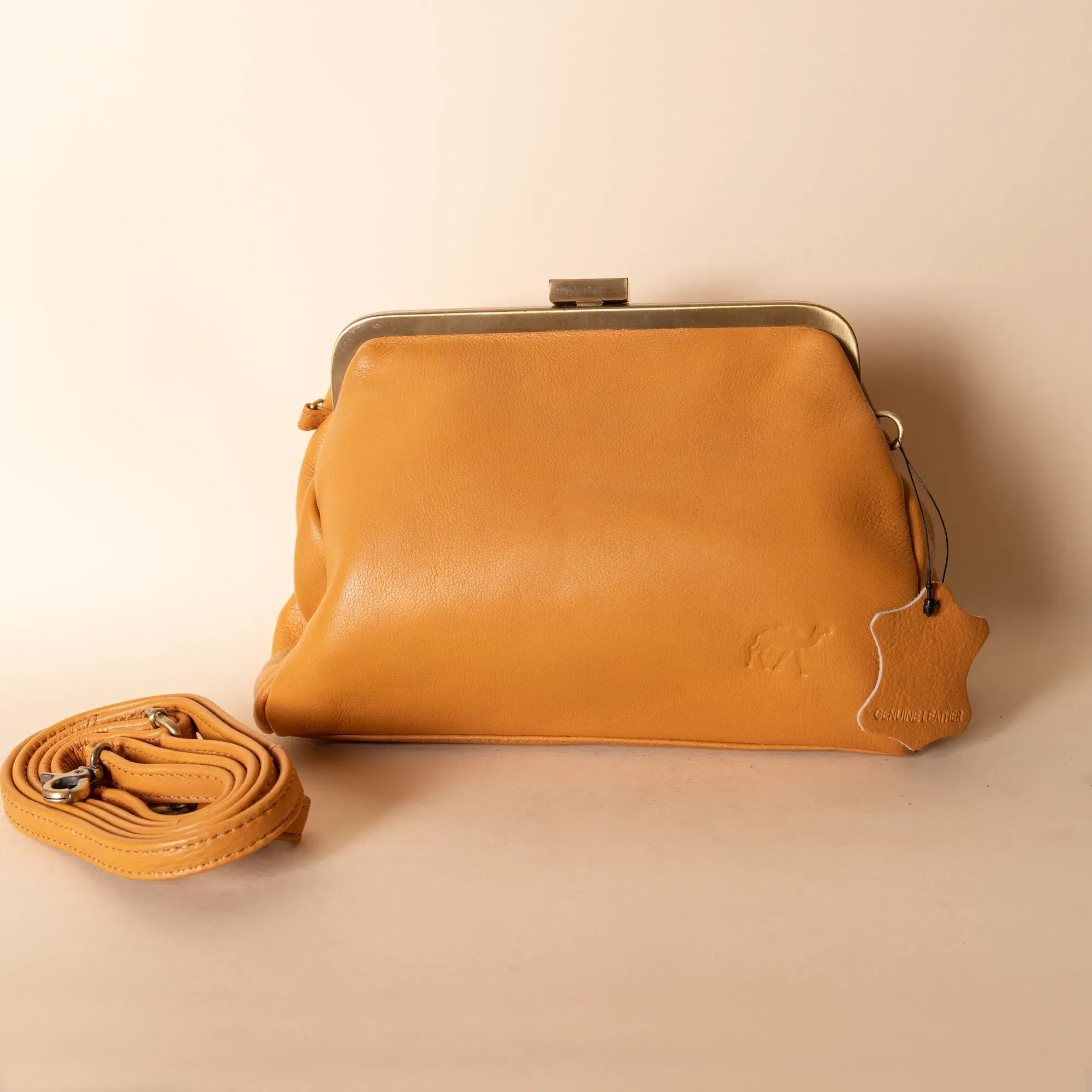 Vintage Leather Frame Crossbody – Mustard Metal Frame – 20x20x7 cm