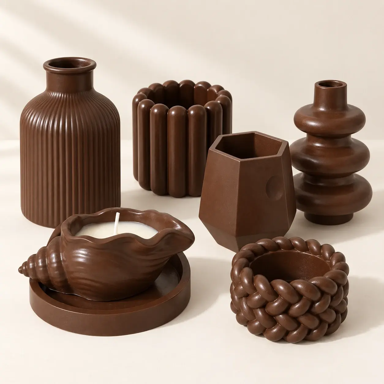 Brown Handmade Concrete Home Decor Set with Sculptural Pieces (Available In Scents and Colors)
