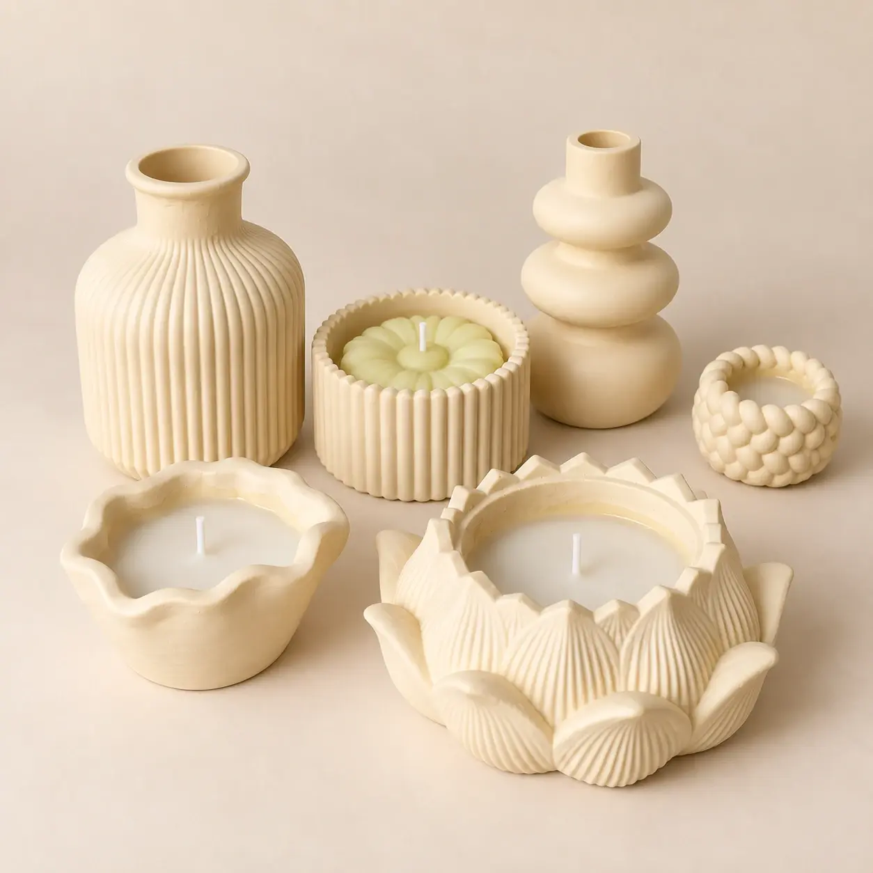 Beige Handmade Concrete Home Decor Set with Sculptural Pieces (Available In Scents and Colors)