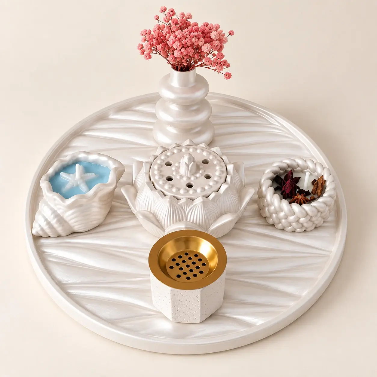 Large Pearl Concrete Decor Set – 6 Pieces – 30 cm Tray (Available In Scents and Colors)