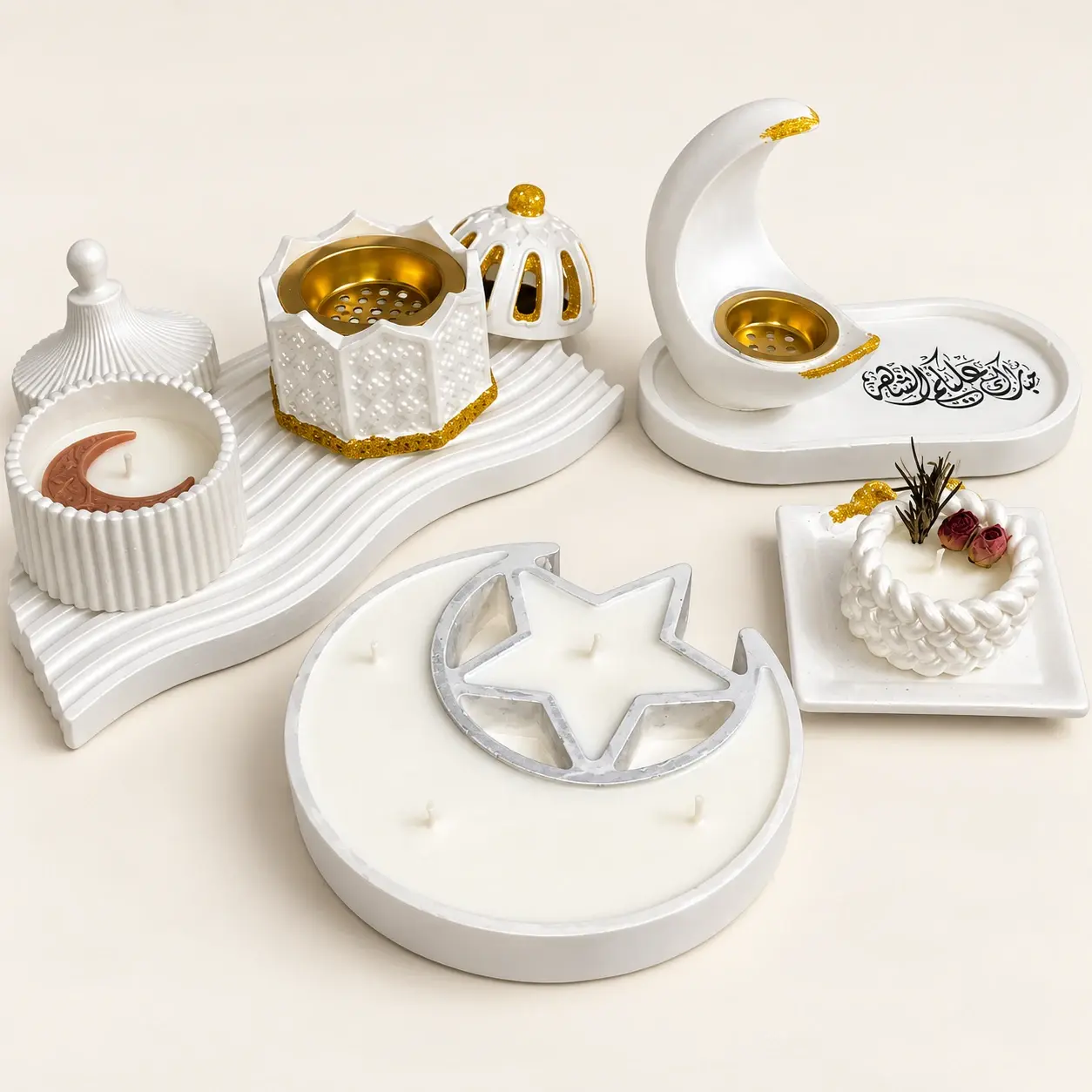 Pearl Ramadan Concrete Decor Set – 8 Pieces – 25 cm Tray (Available In Scents and Colors)