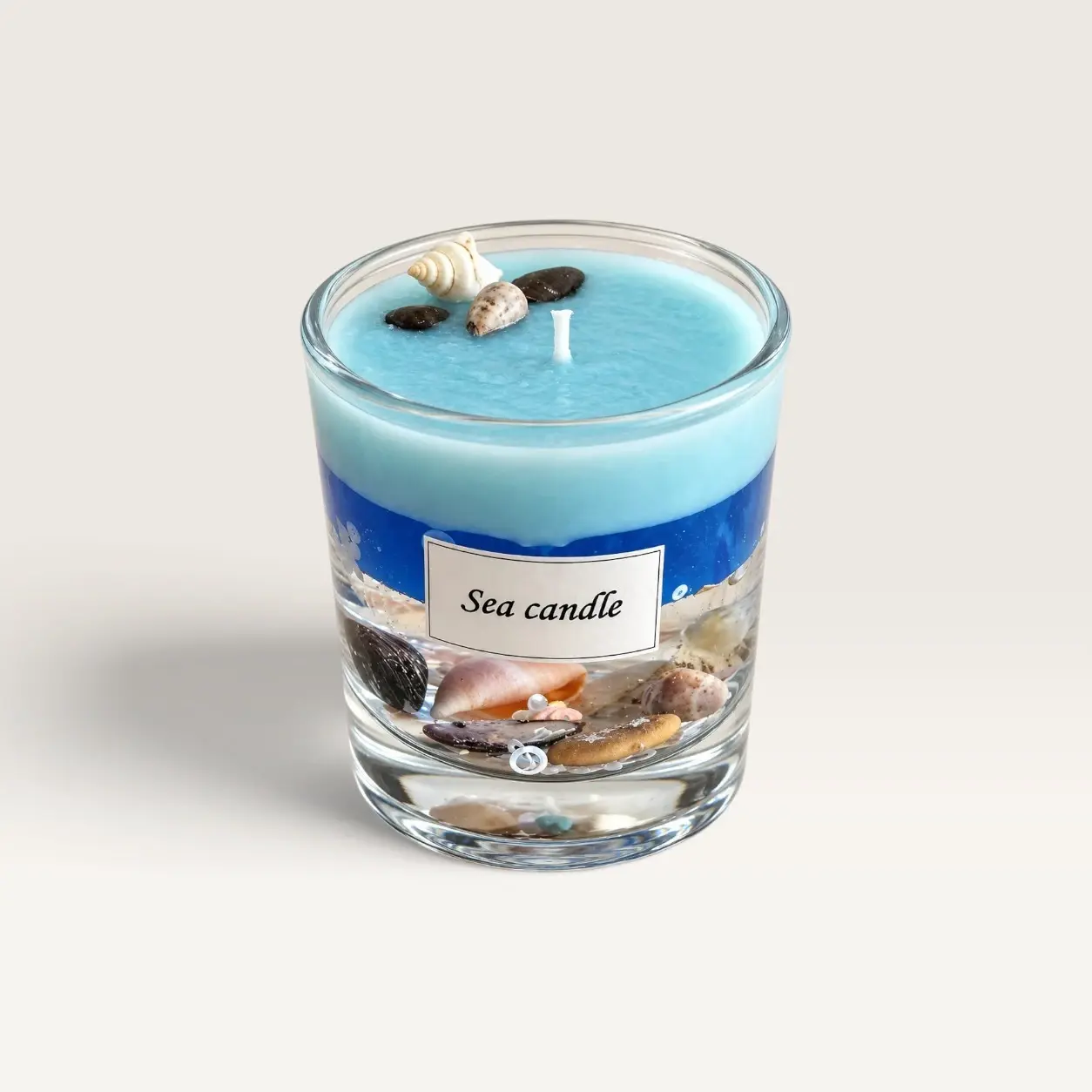 Ocean-Inspired Blue Scented Candle in Glass with Shell Details (Available In Scents and Colors)