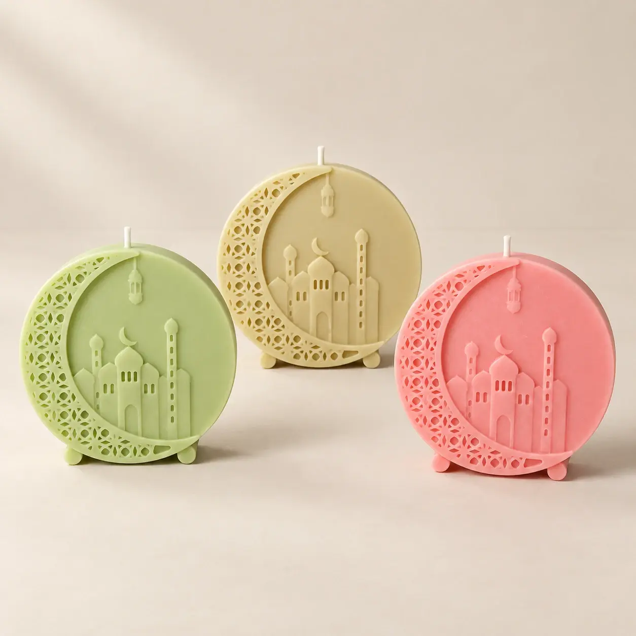 Round Ramadan Mosque and Crescent Candle (Available In Scents and Colors)