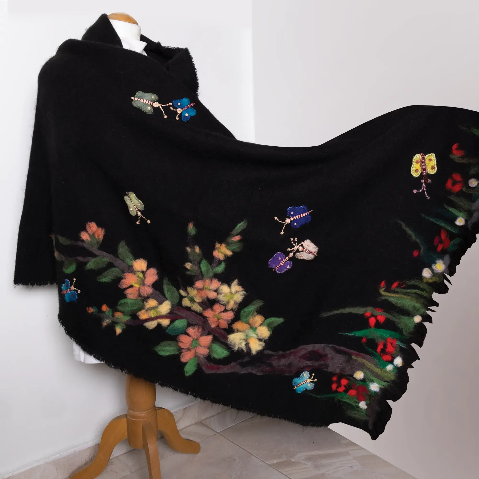 Black Wildflower Felted Shawl with Wool-Felting Technique