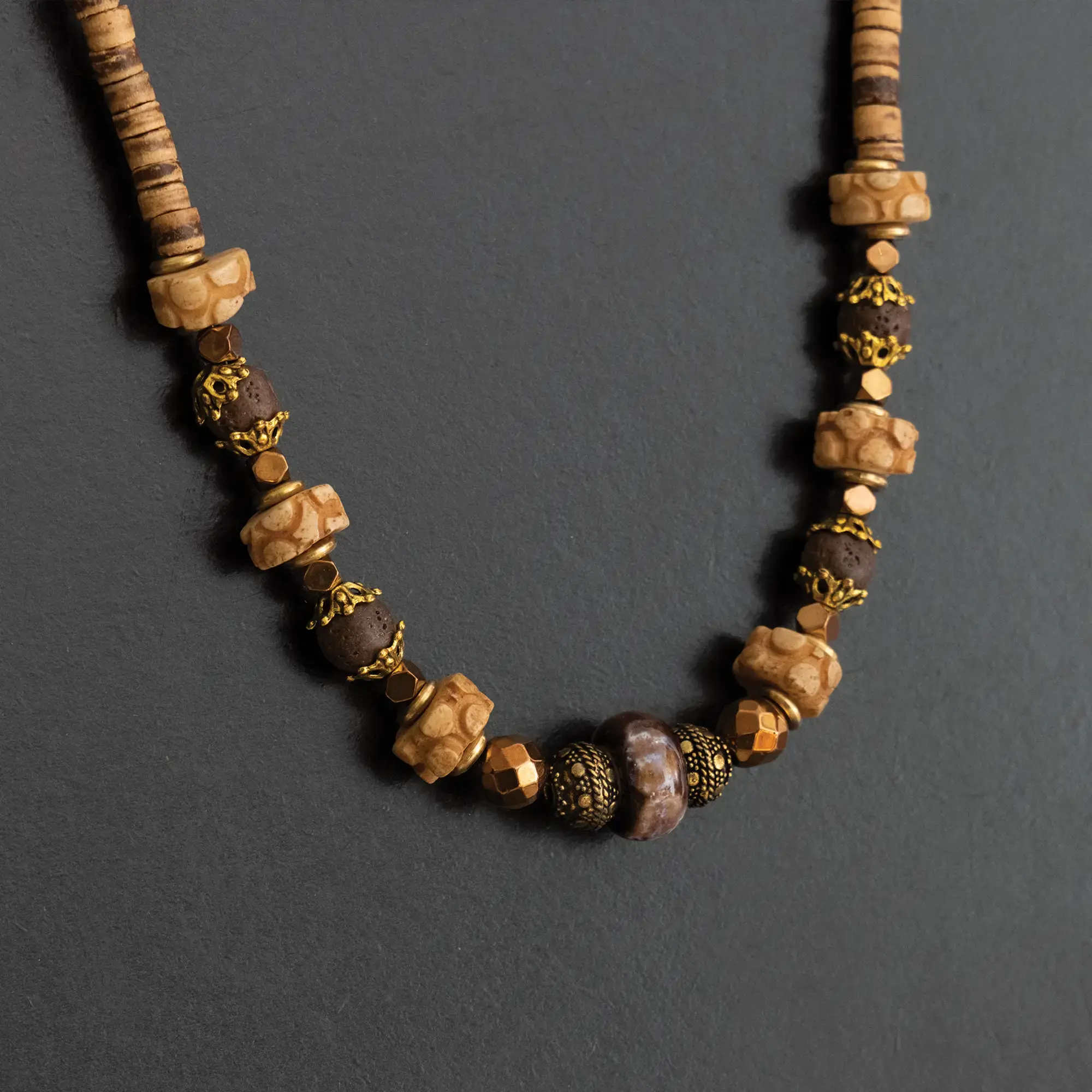 Handcrafted Bohemian Necklace in bone beads with Distinctive Detail