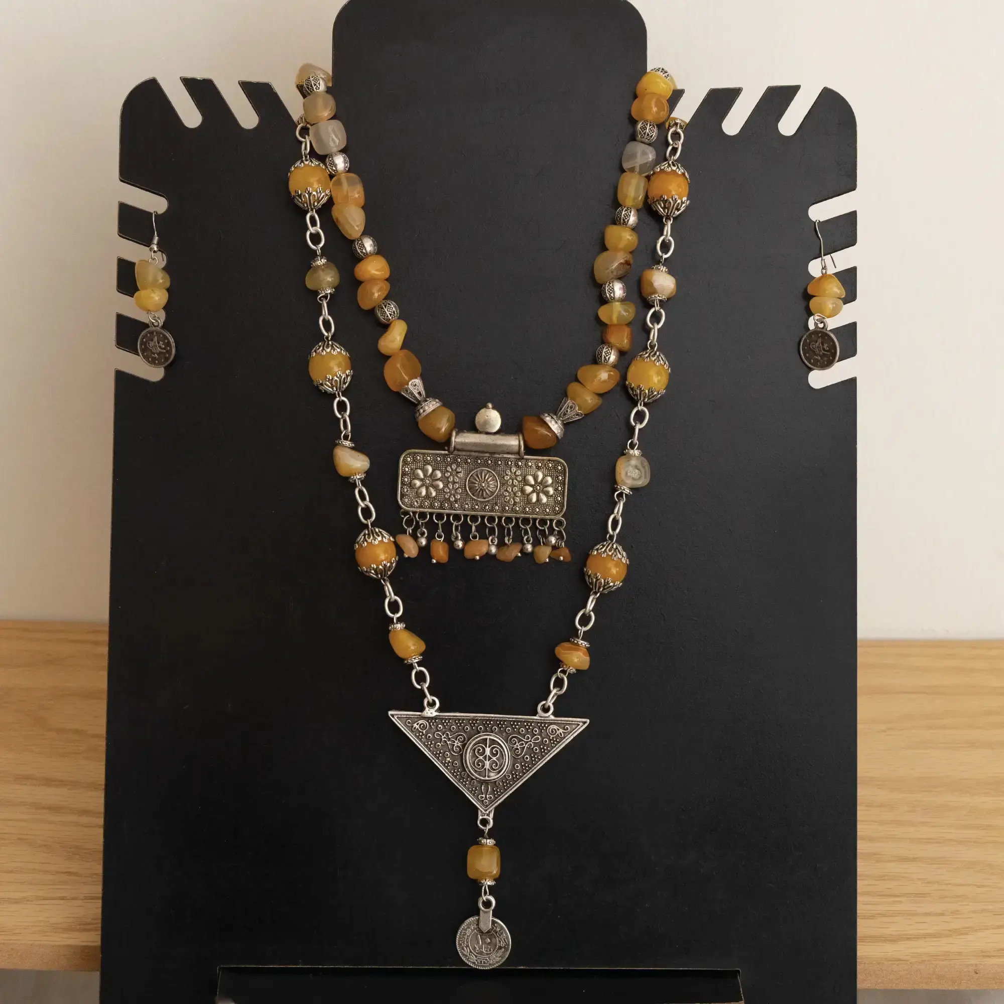 Heritage Yellow Agate Double Necklace Set with Indian and Silver Pendants