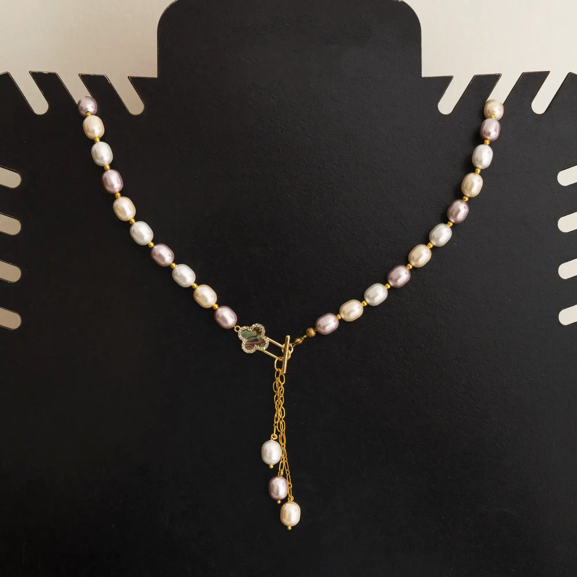 Three-Color Faux Pearl Front-Clasp Necklace with Gold-Plated Details