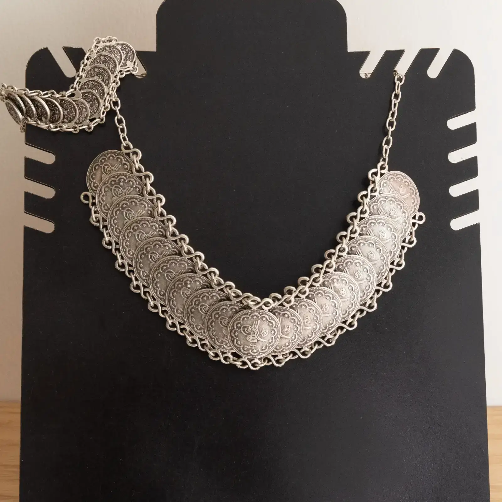 Palestinian Coin Necklace and Bracelet Set with Silver-Plated Details