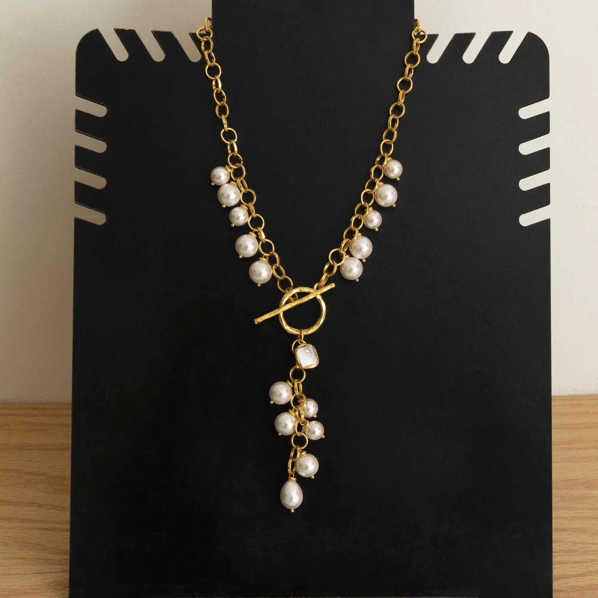 Handcrafted Faux Pearl Gold-Plated Front-Clasp Necklace
