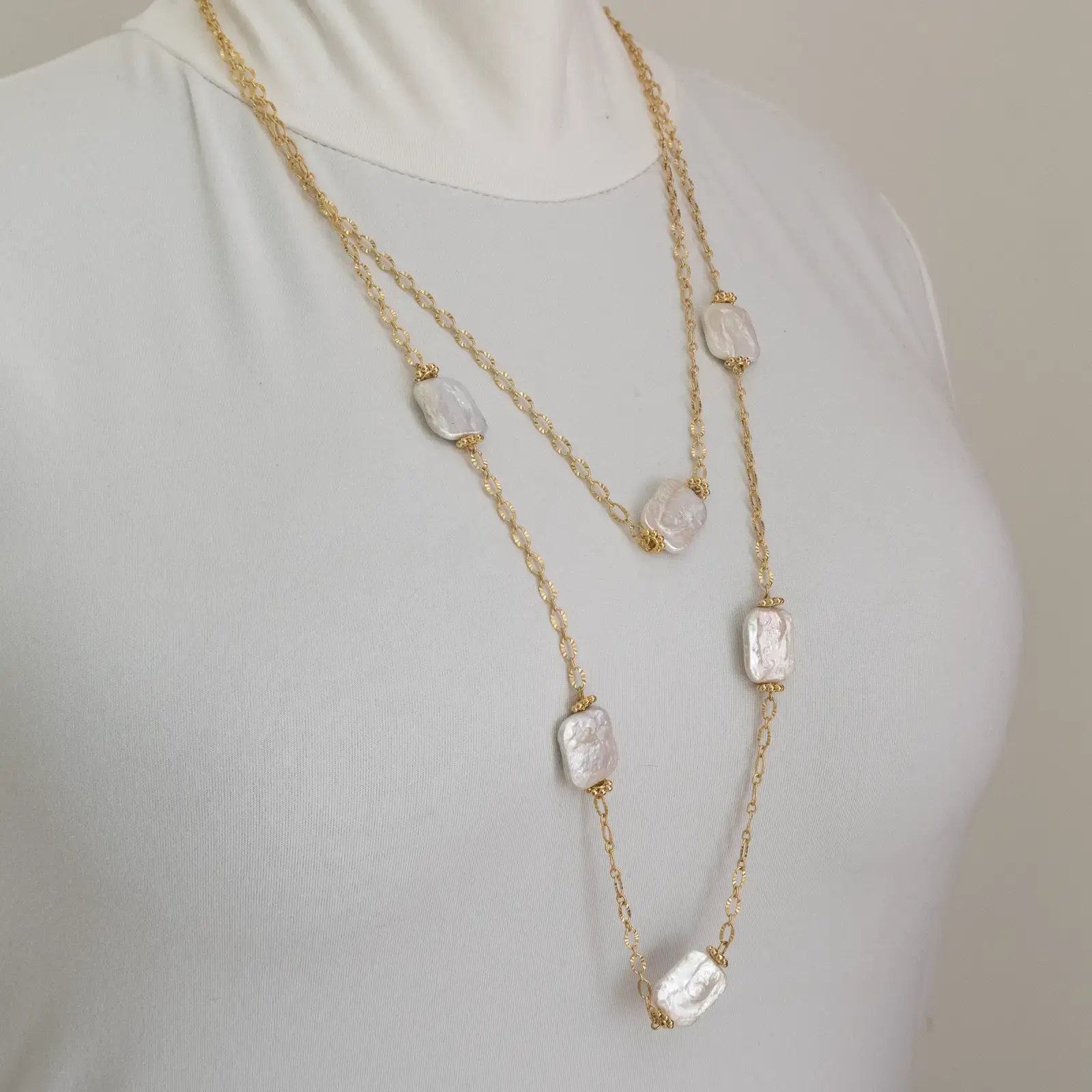 Square Pearl Double-Strand Necklace with Gold-Plated Details