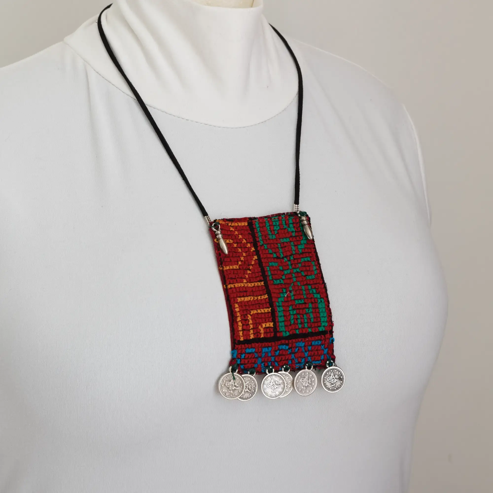 Handcrafted Red Vintage Embroidery Pendant Necklace