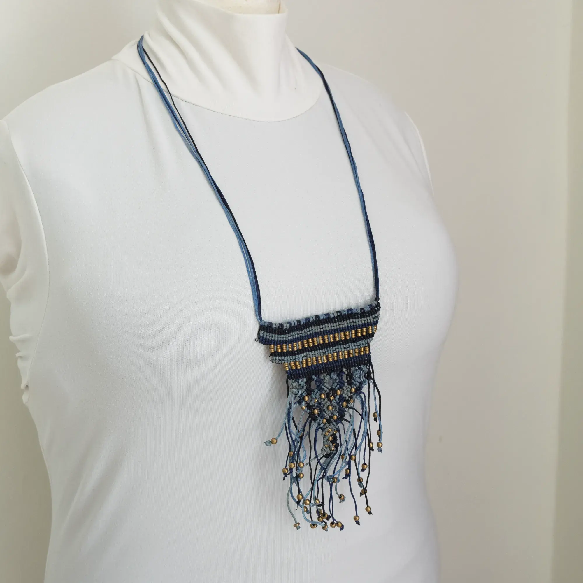 Handcrafted Blue Woven Fringe Macramé Necklace with Distinctive Detail