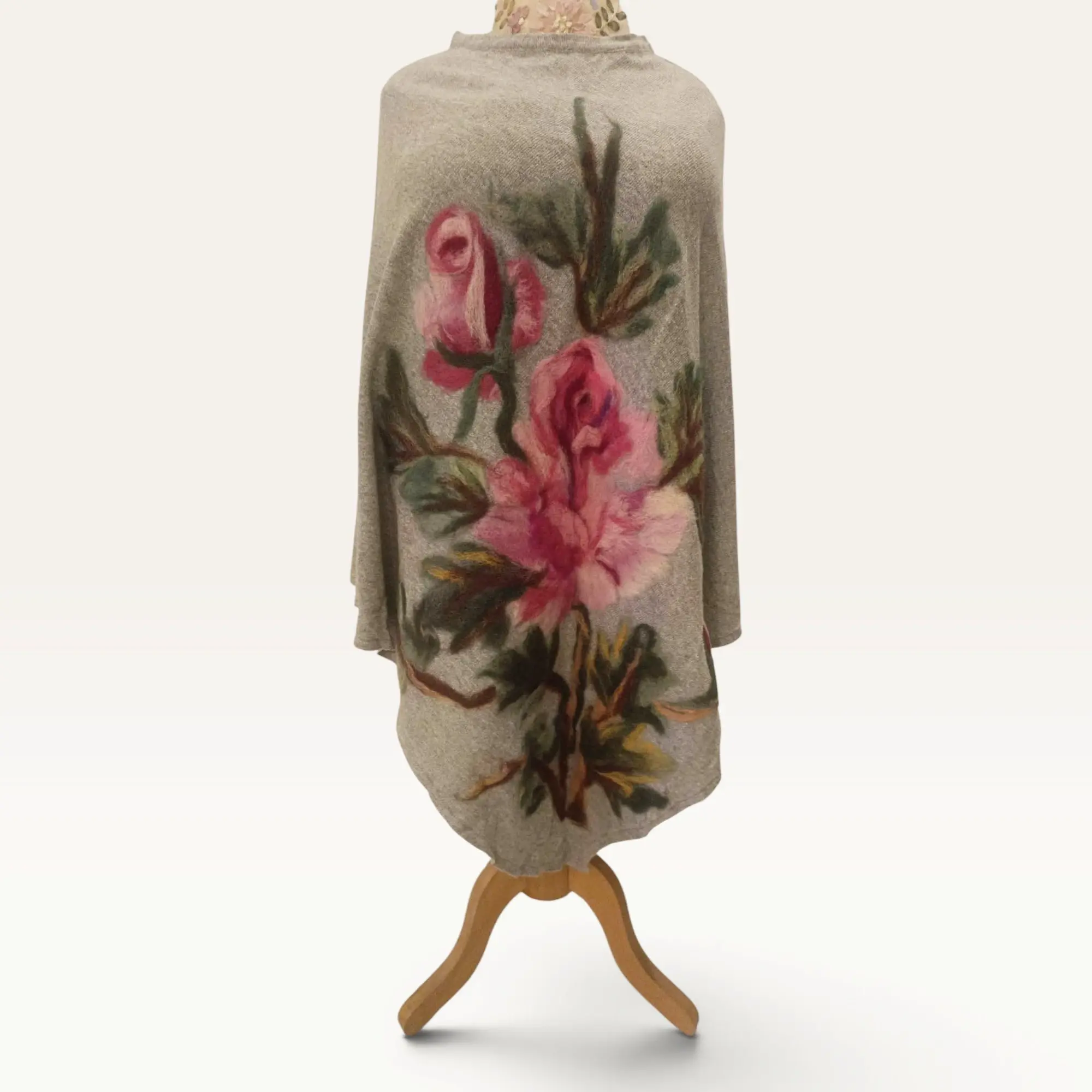 Wool Felt Poncho with Pink Roses in Light Grey
