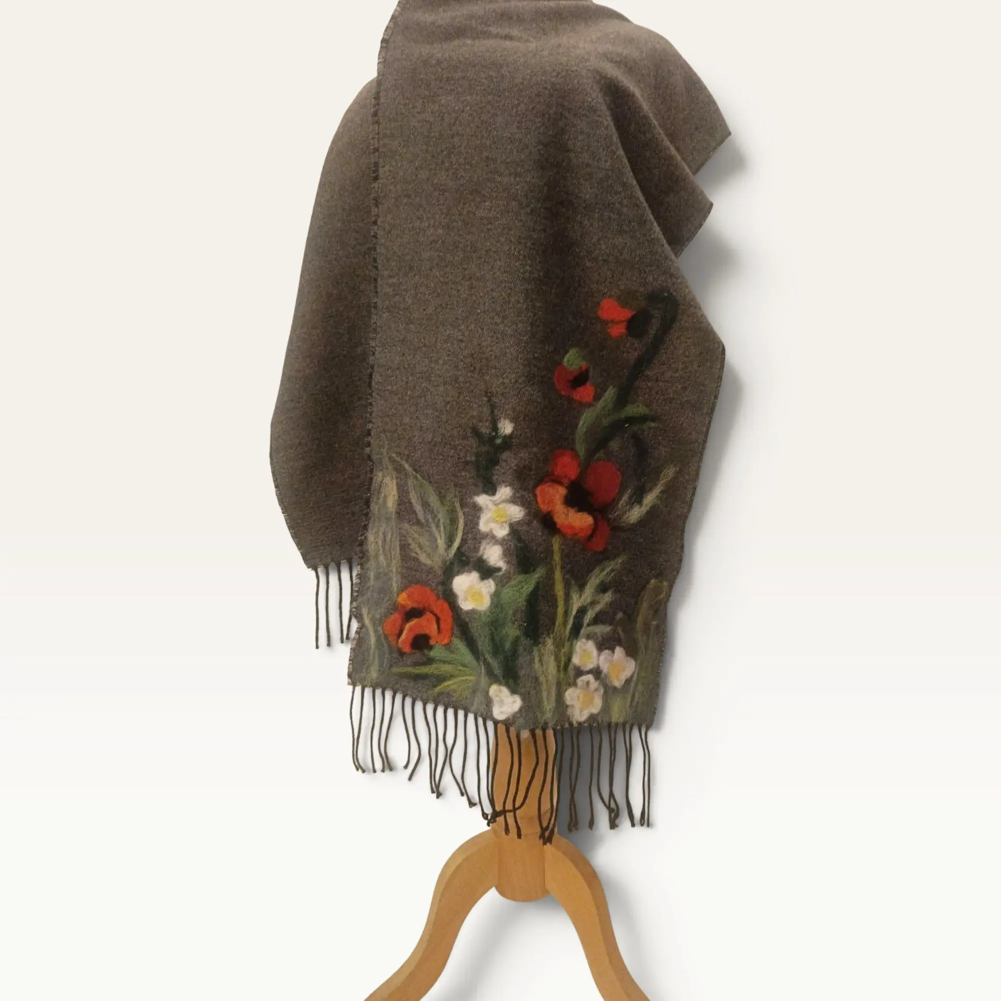 Wool Felt Scarf with Wild Anemone Flowers
