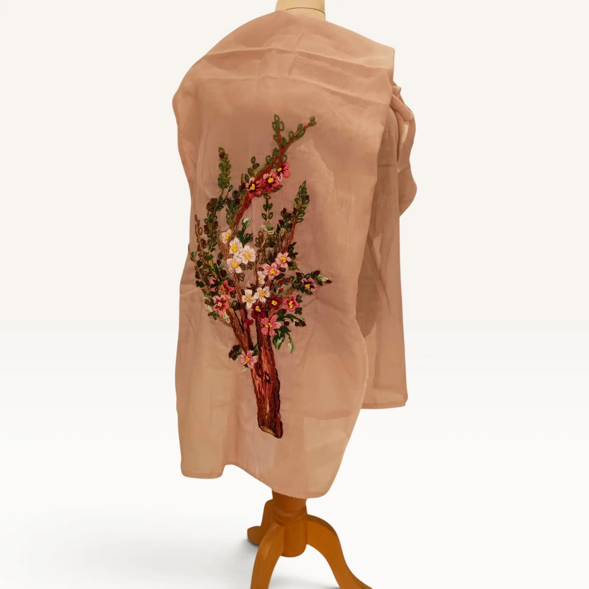 Spring Scarf with Hand-Embroidered Blossom Branch