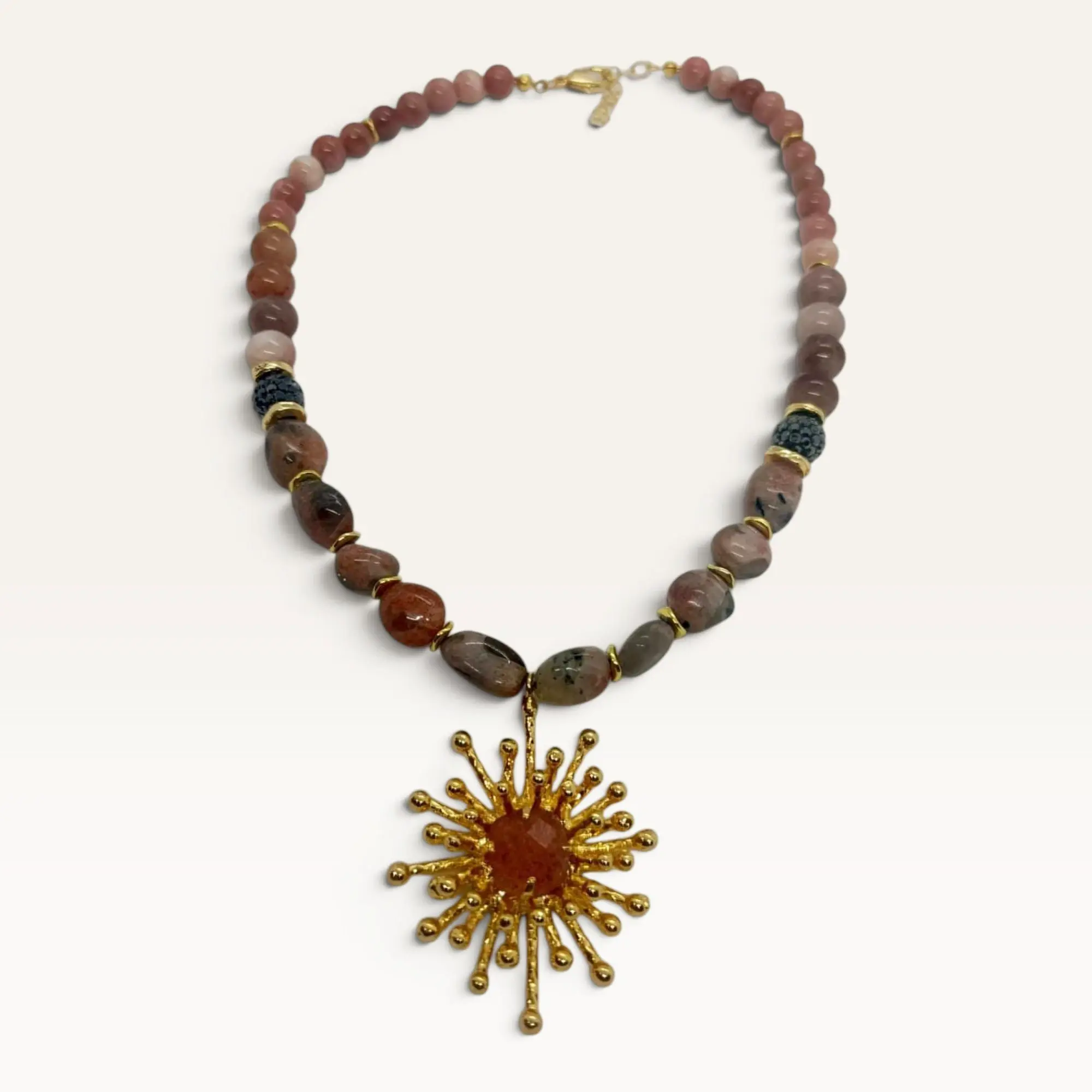 Agate Necklace with Gold-Plated Sunburst Pendant & Burgundy Agate
