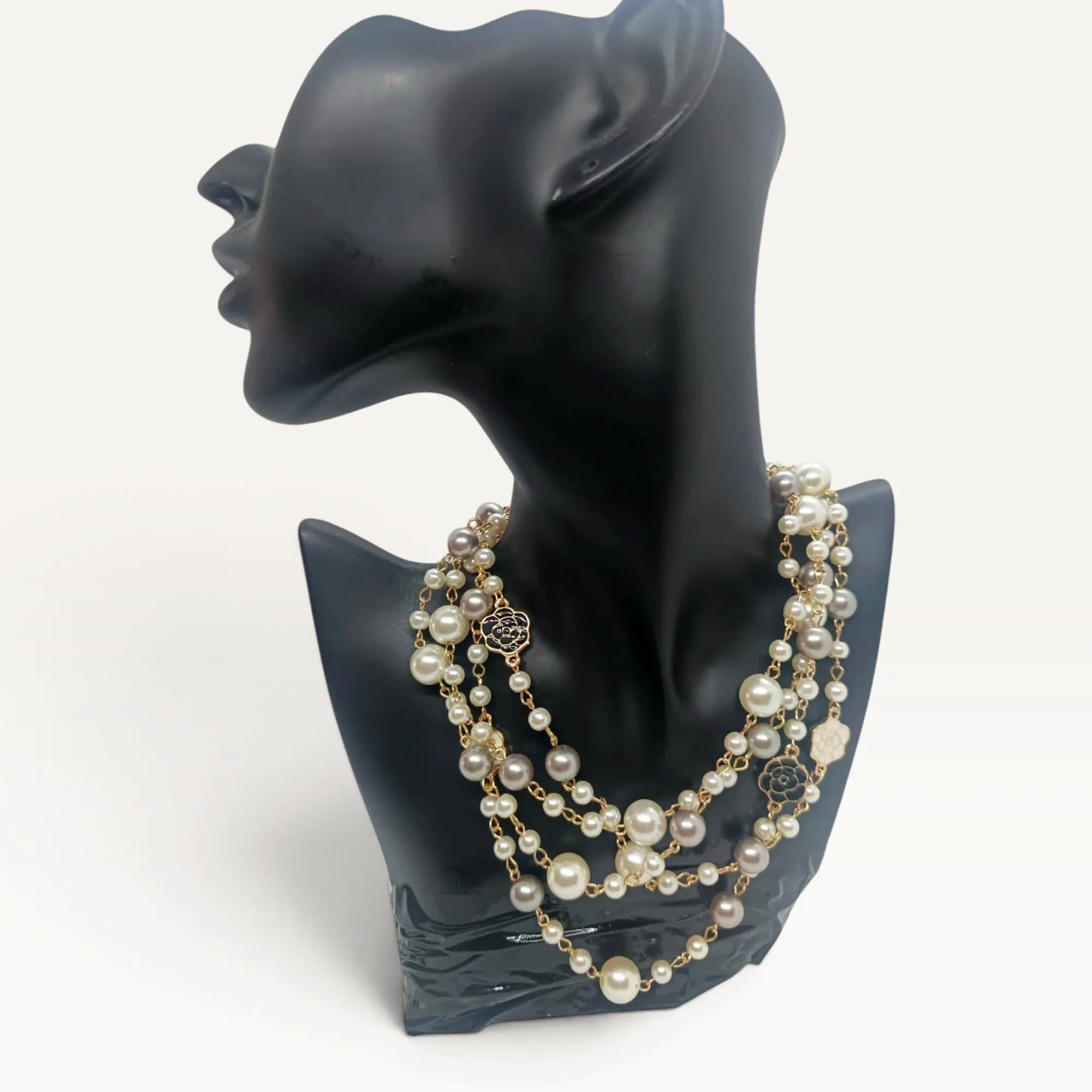Long Layered Faux Pearl Necklace in White & Grey with Flower Spacers