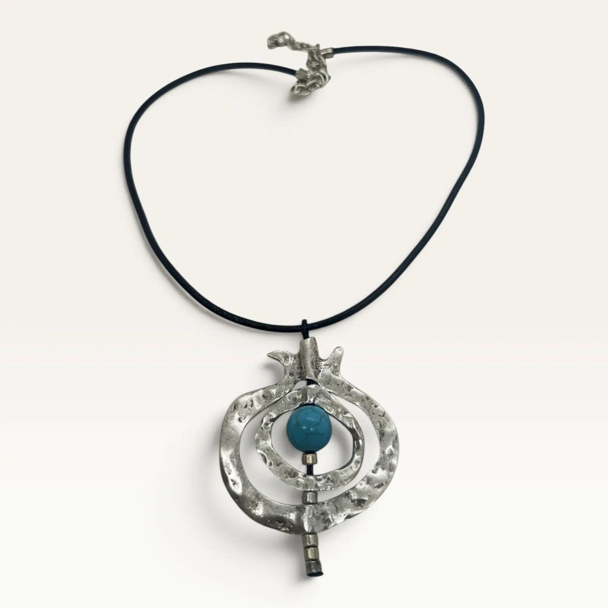 Leather Cord Necklace with Silver-Plated Pomegranate & Turquoise